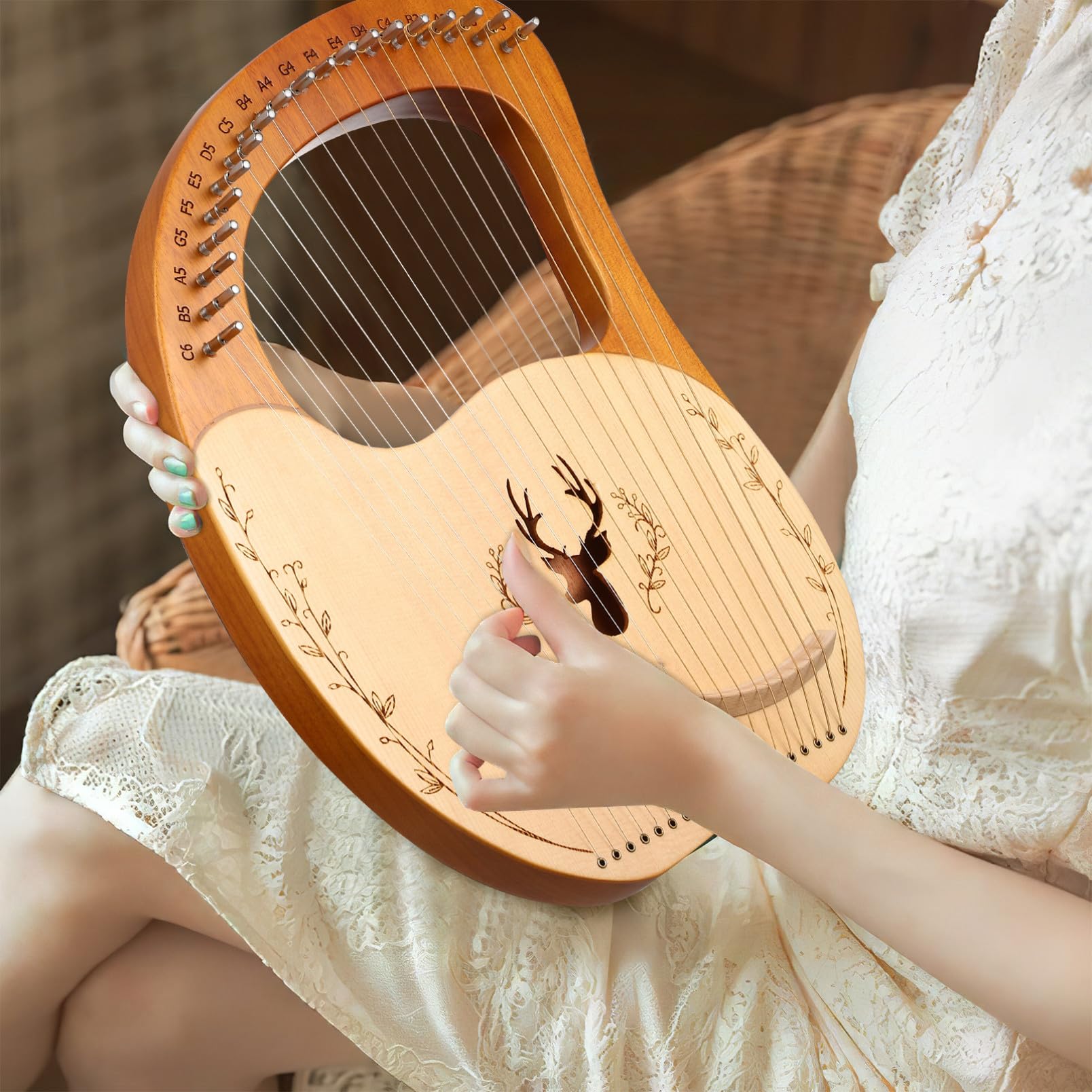 ifundom Set di Lira Musicale con 19 Corde in Legno, Chiave di Accordatura e Borsa per Trasporto, Suono Chiaro e Morbido per Principianti