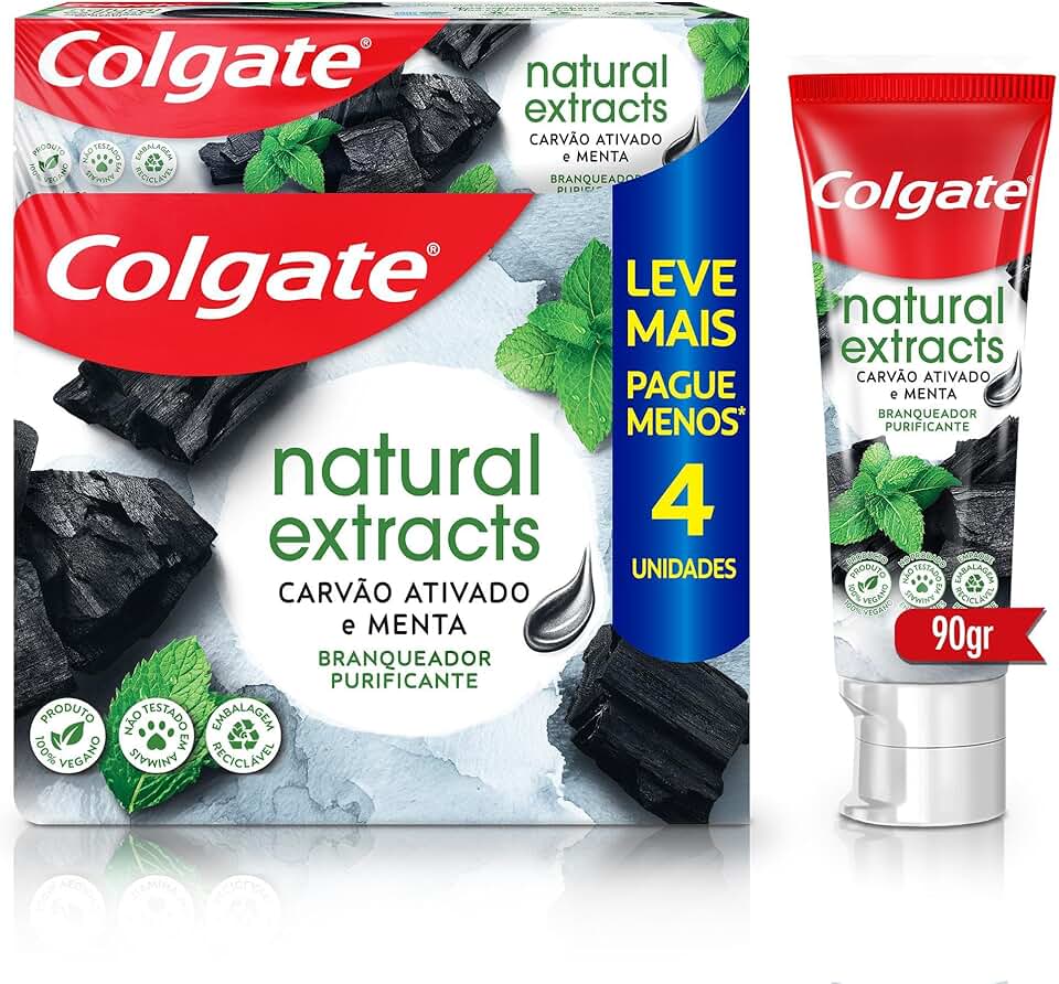 Colgate Creme Dental Natural Extracts Carvão Ativado e menta 4 unid 90g