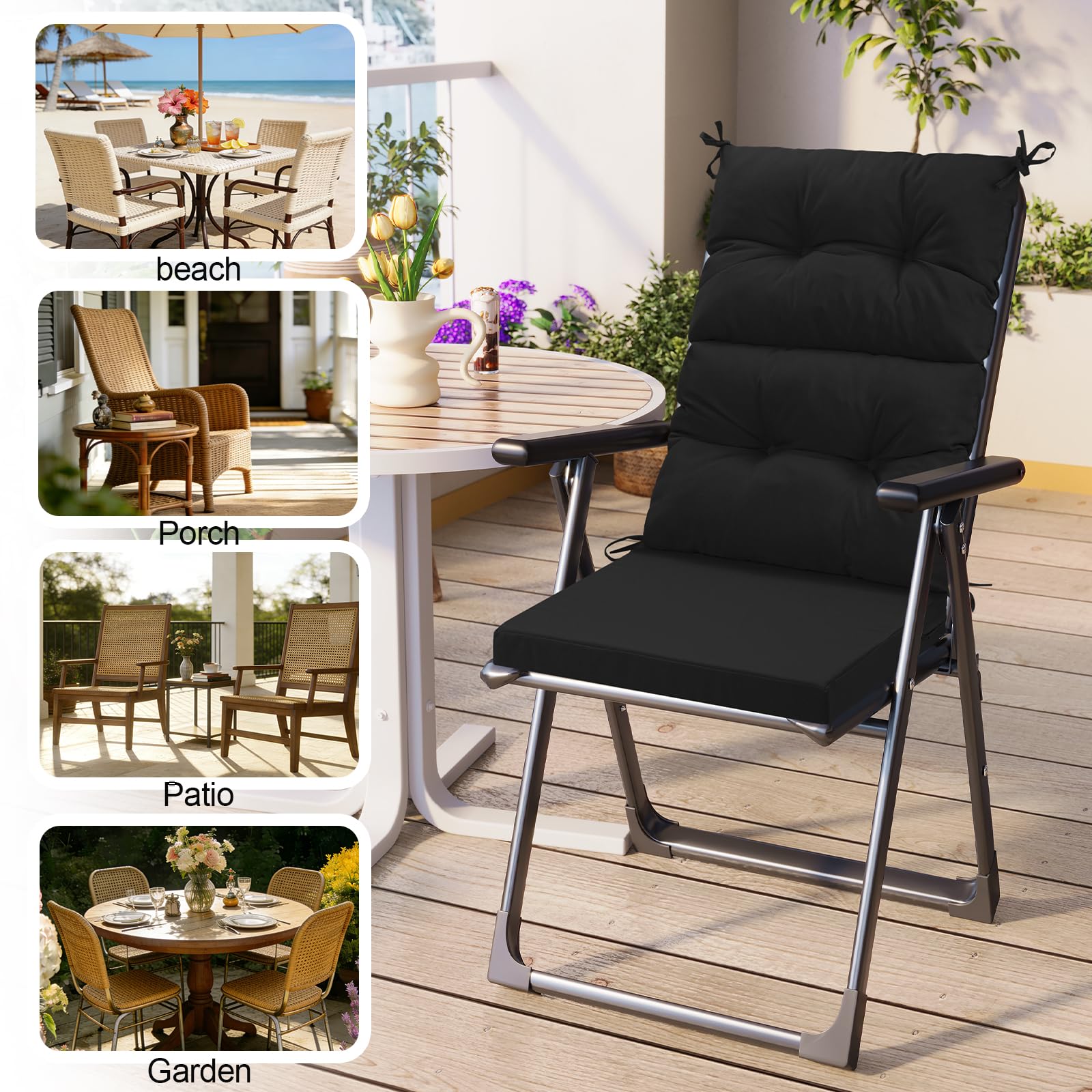 Coussin de chaise de jardin à dossier haut imperméable avec dossier touffeté et attaches pour mobilier de jardin et terrasse, chaises longues, 120 x 50 cm, noir