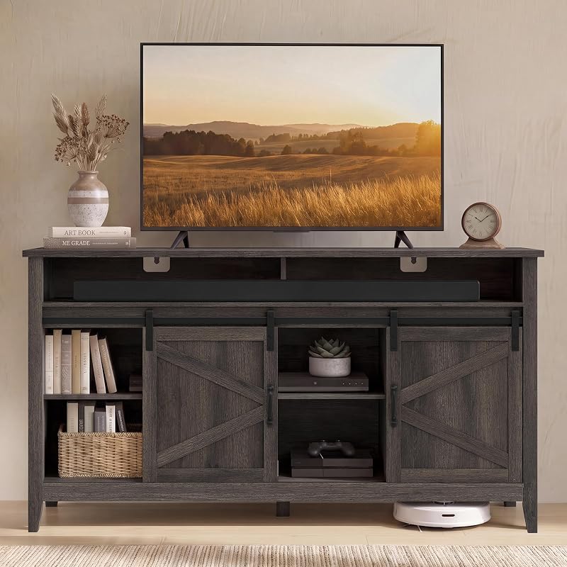 VASAGLE Mueble alto para TV estilo granja, centro de entretenimiento con puertas de granero, mueble consola de almacenamiento para sala de estar, dormitorio, 58,3 x 15,7 x 31,9 pulgadas, marrón topo, colección LIRY ULTV031T101S