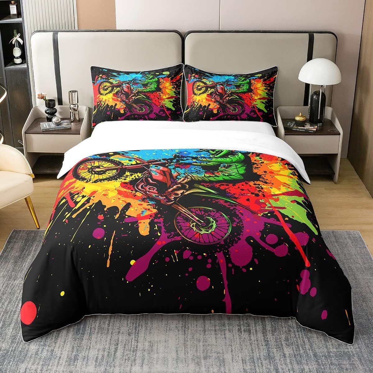 Parure de lit 140x200 motocross en coton bio pour la chambre de garçon