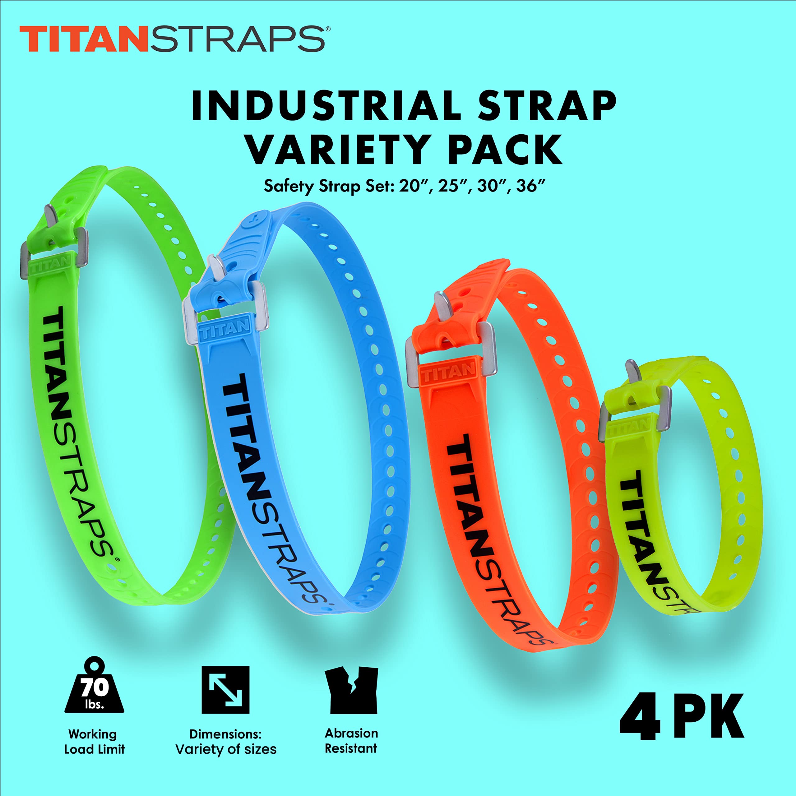 Titan Straps Sicherheitsgurt-Set zum Sichern von Splits, Lastenfahrrädern, Gartenschläuchen, Holzbearbeitungsprojekten - 31,8 kg, Arbeitslast, 50,8 cm/63,5 cm/76,2 cm/91,4 cm Länge, 50,8 cm Gelb/63,5