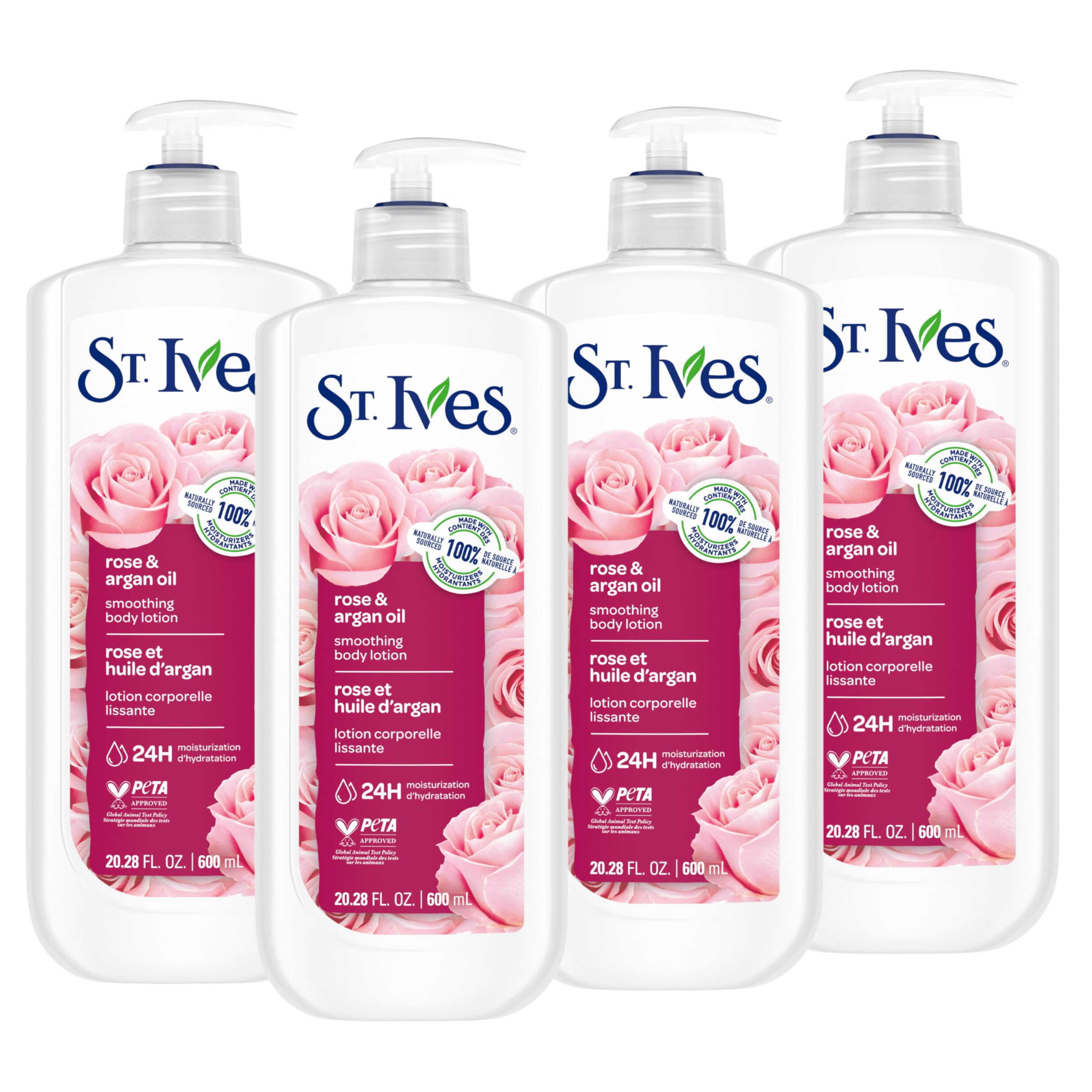 St. Ives Smoothing Hand & Body Lotion for Women with Pump, Daily Moisturizer Rose and Argan Oil for Dry Skin, Made with 100% Natural Moisturizers, 21 fl oz, 4 Pack