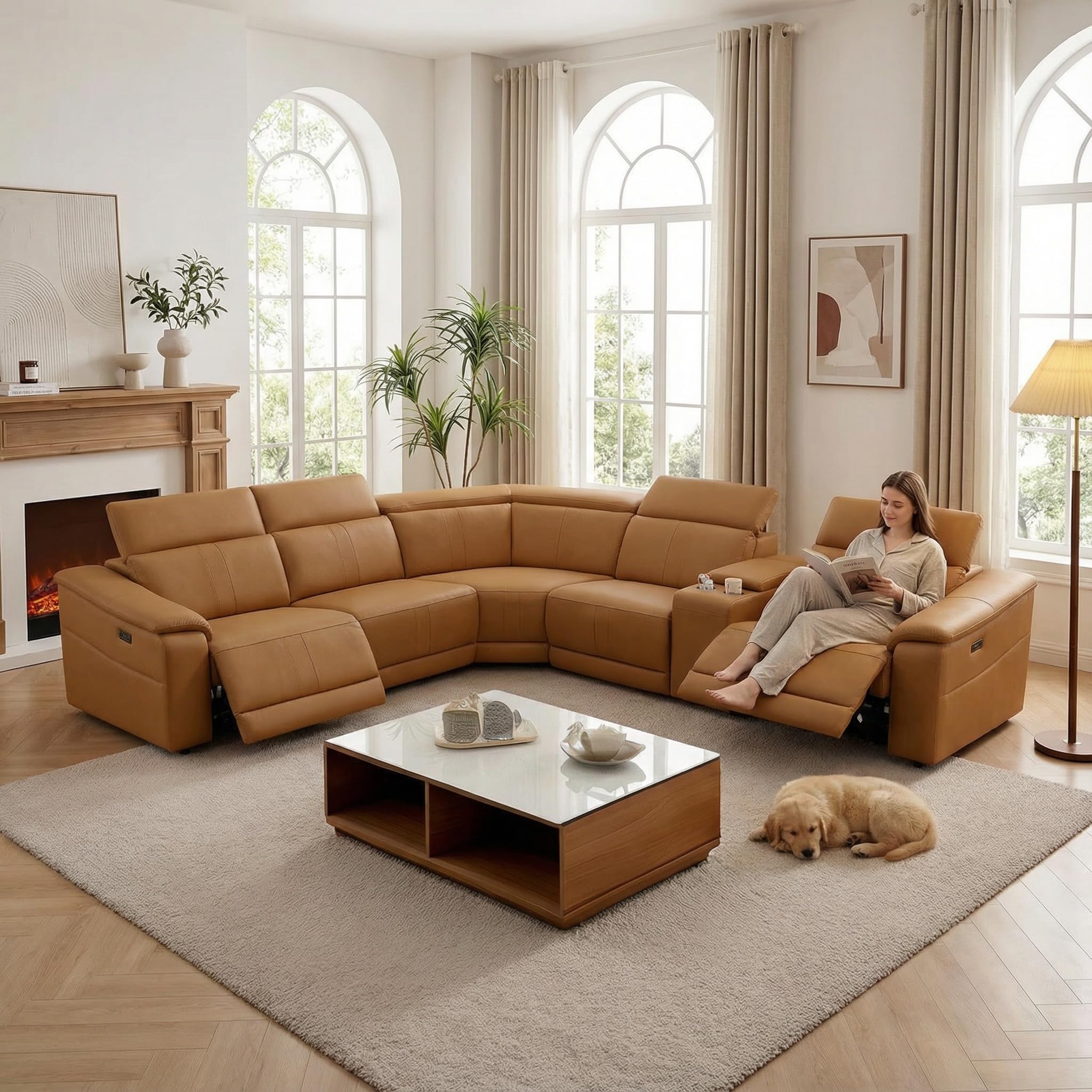 Power Recliner Sectional Sofa, L-Shaped Living Room Furniture Set, Light Brown Leather Sofa, Reclining Sectional Couch with Storage Console/Cup Holder for Living Room/House/Apt