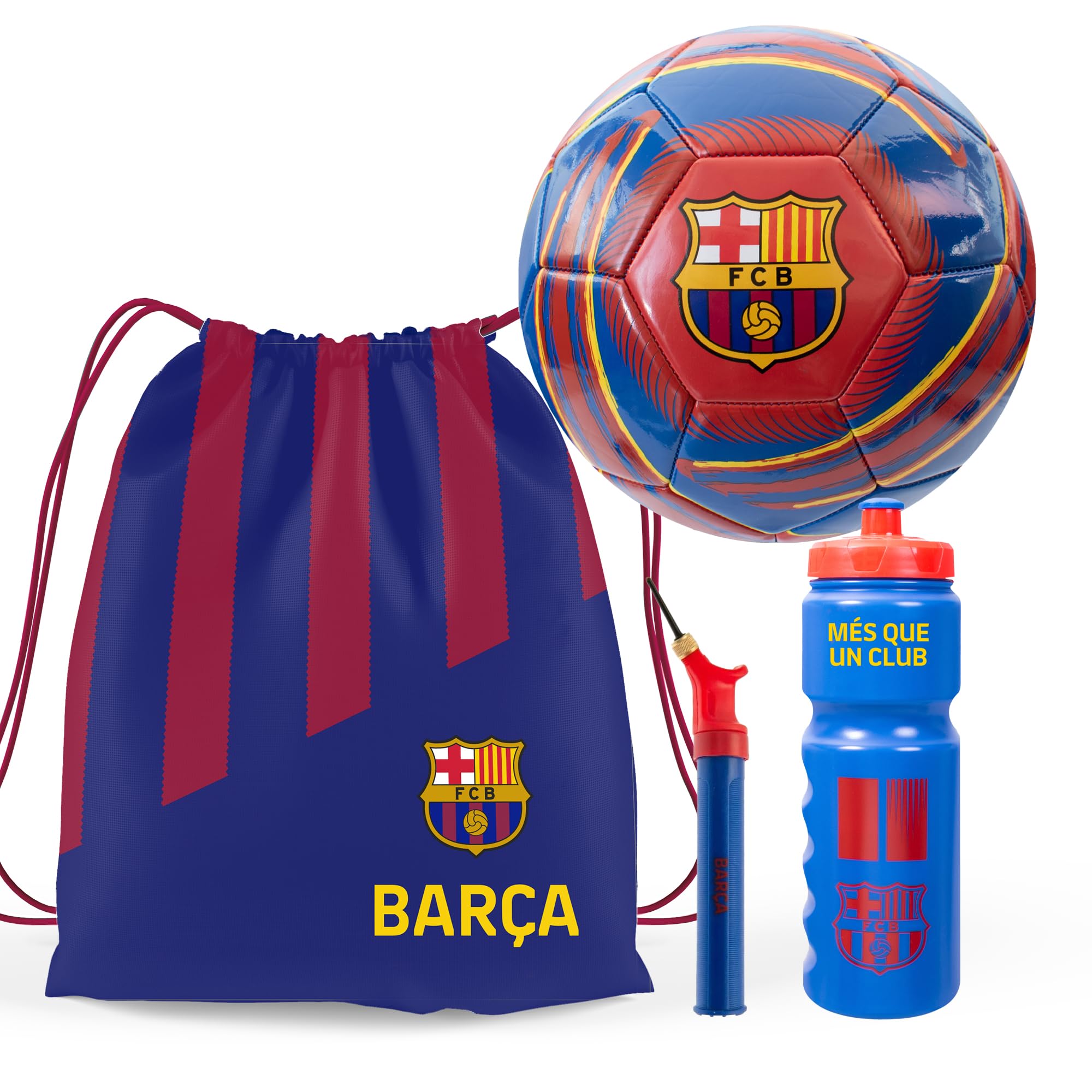 Hy-Pro Juego de fútbol oficial del FC Barcelona, pelota tamaño 5, mochila con cordón, bomba y botella de 750 ml, regalo completo de fútbol para niños y niñas con marca oficial del club, rojo y azul