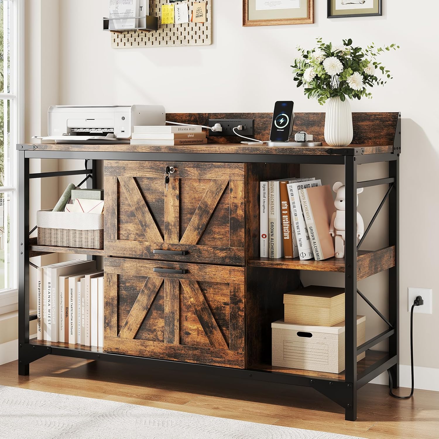 Vividwood 44" Rustic Lateral File Cabinet with 2 Locking Drawers, 4 Shelves, Power Outlets - Home Office Printer Stand, Rustic Brown
