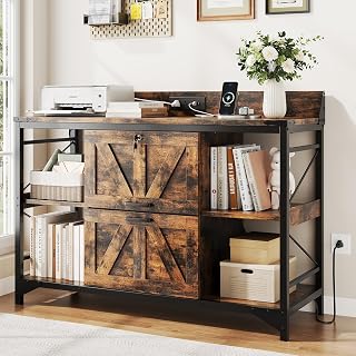 Vividwood 44" Rustic Lateral File Cabinet with 2 Locking Drawers, 4 Shelves, Power Outlets - Home Office Printer Stand, Rustic Brown