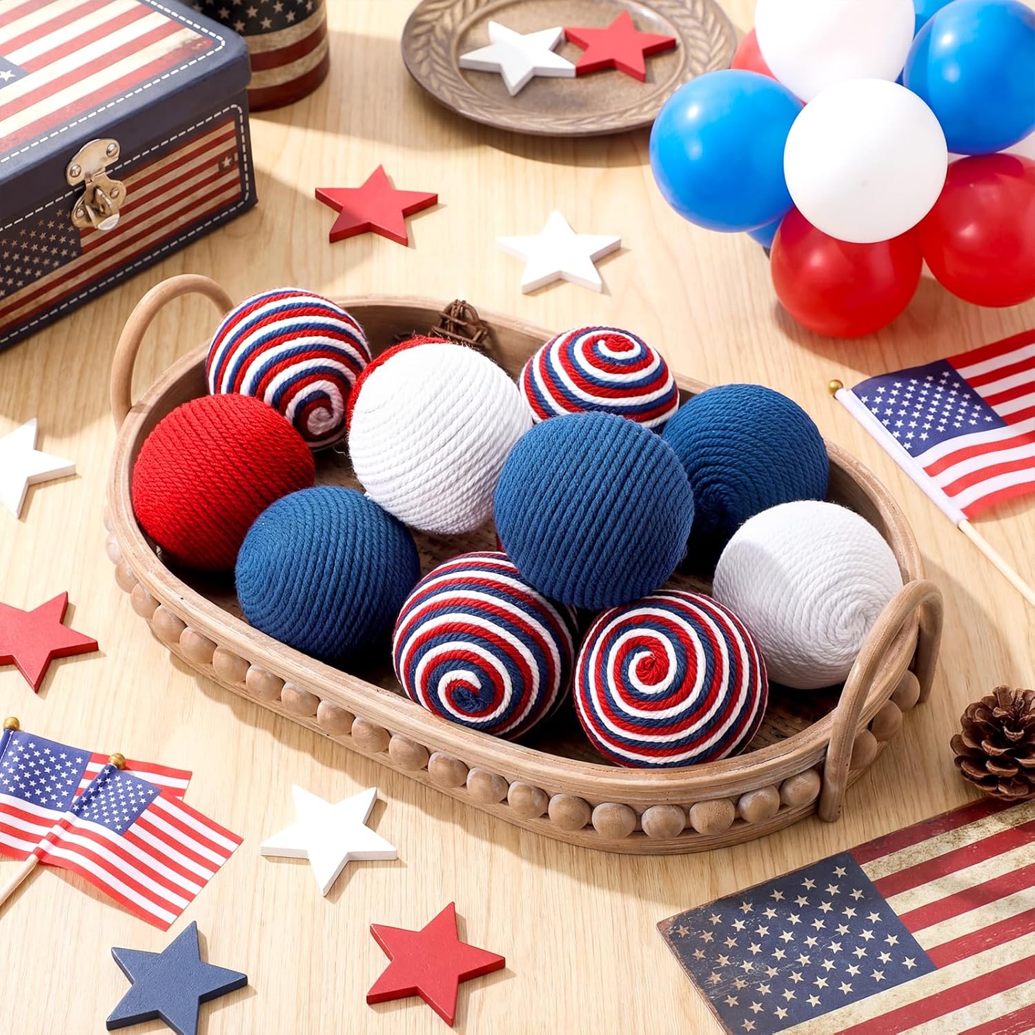 12 Pcs 4th of July Patriotic Decorative Balls, 3.15" Red White Blue Jute Rope Balls for Bowls Vases Orbs Tray Filler Table Centerpieces, Memorial Day 250th Anniversary Independence Day Home Decor
