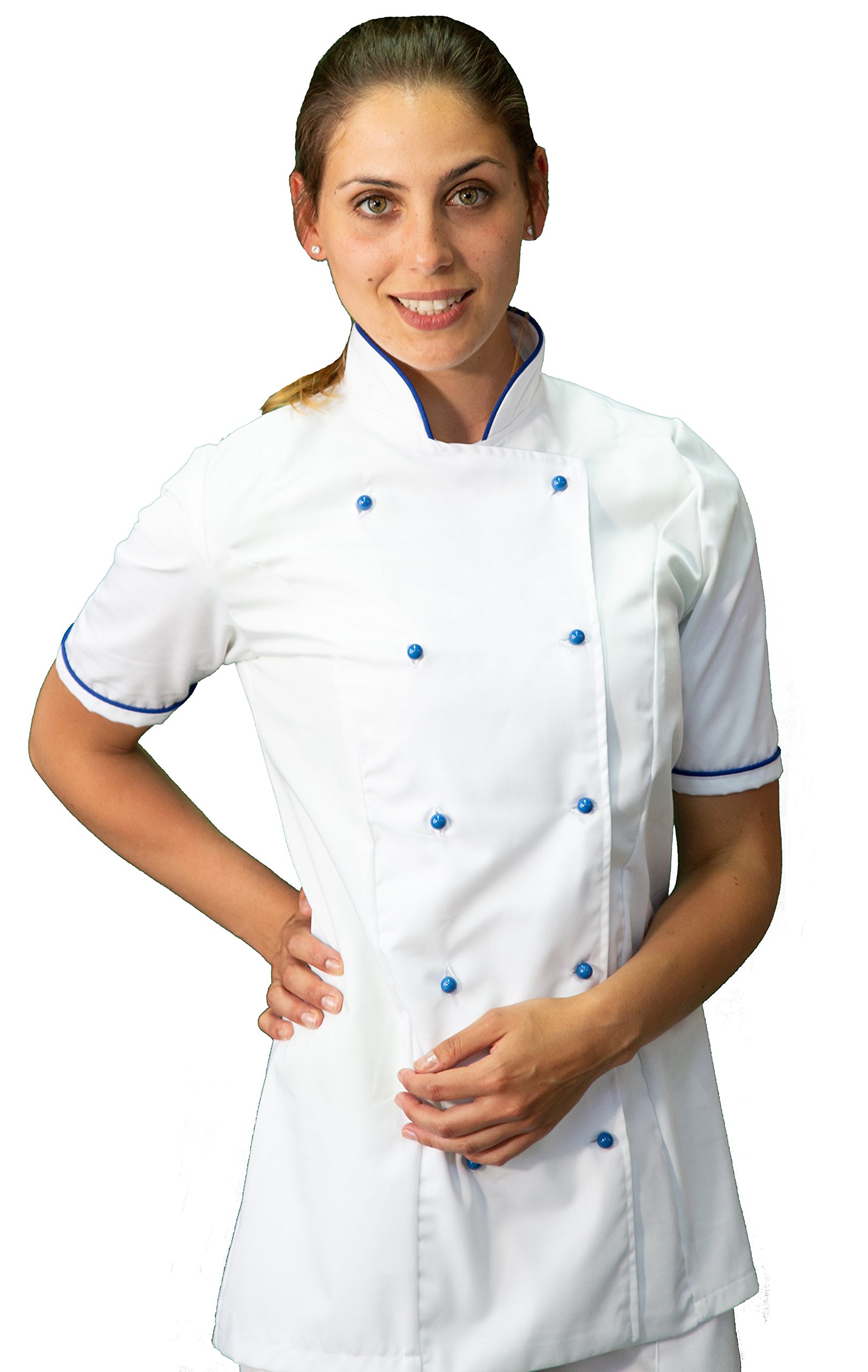 Ricamo Gratuito - Completo Cuoco Donna Bianco e Royal - Divisa Chef Personalizzabile M/C - Giacca, Pantaloni e Grembiule - Uniforme per Cucina e Ristorante - Made in Italy