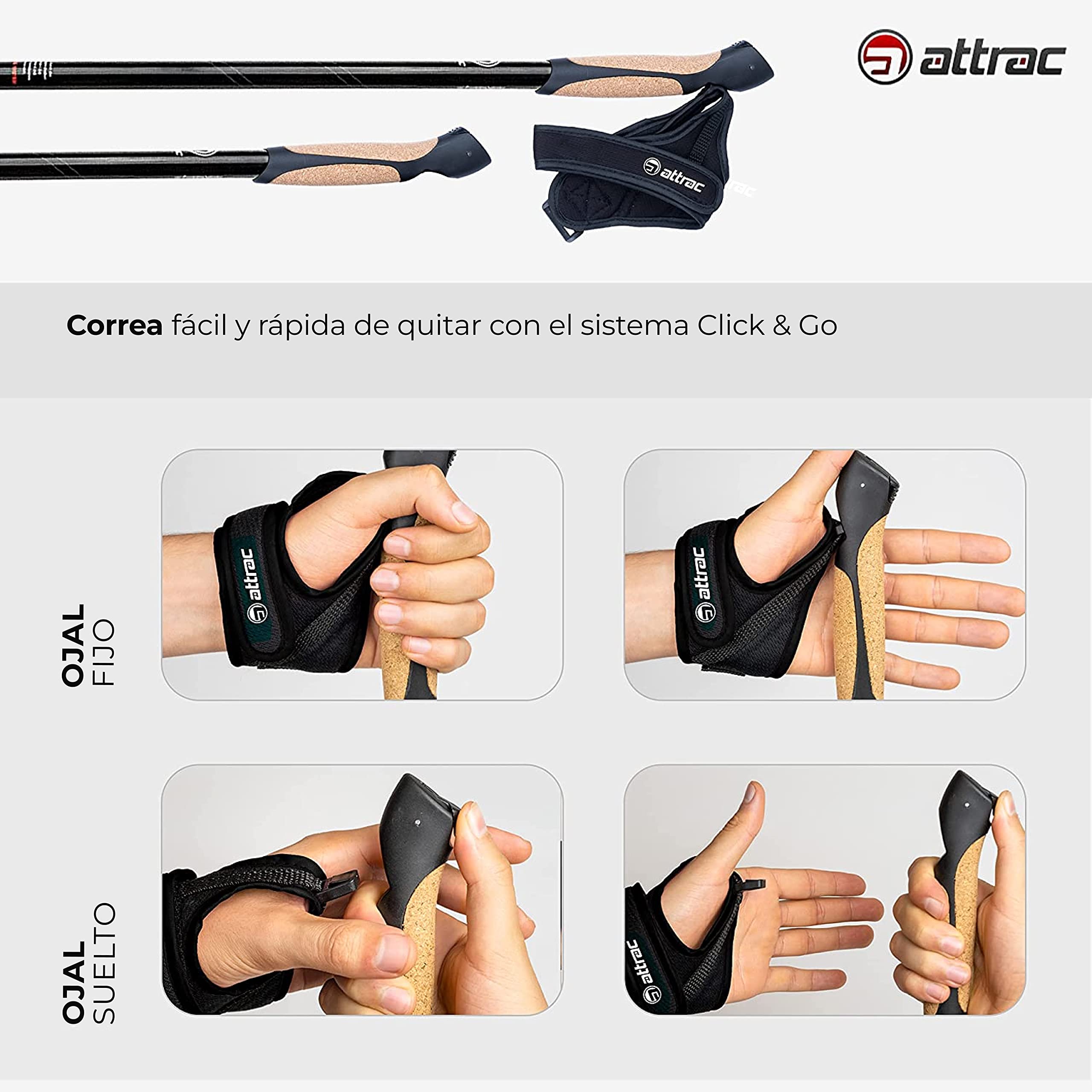 ATTRAC Bastones Marcha nórdica »Clásicos« con Sistema telescópico, antichoque y „Click & Go“ de Las dragoneras - Empuñadura en Corcho + PDF Workout