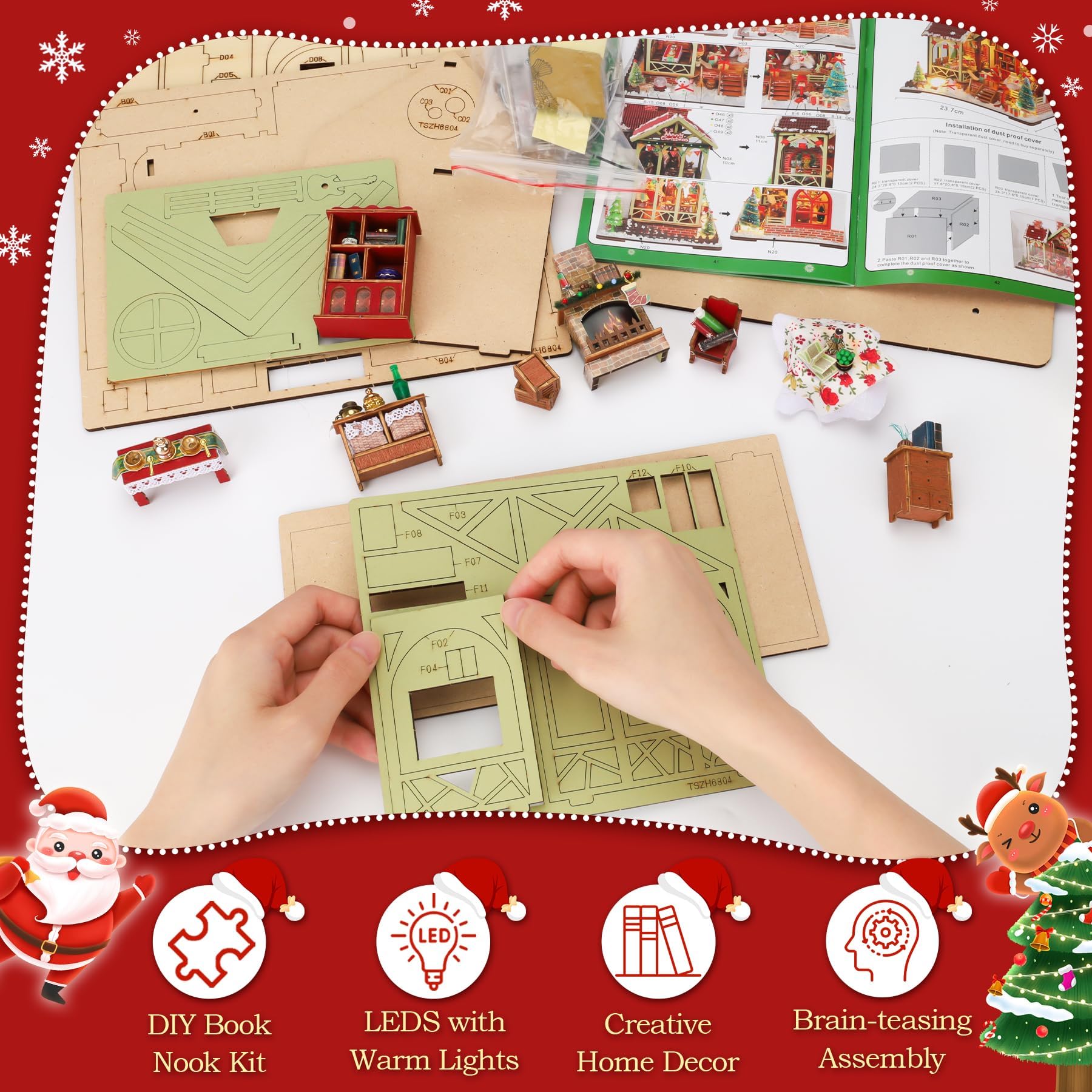 Book Nook zestaw "zrób to sam", wioska bożonarodzeniowa, domek dla lalek, miniaturowy dom, zestaw do samodzielnego budowania, z muzyką pozytywką i lampkami LED, zestaw do majsterkowania dla dorosłych