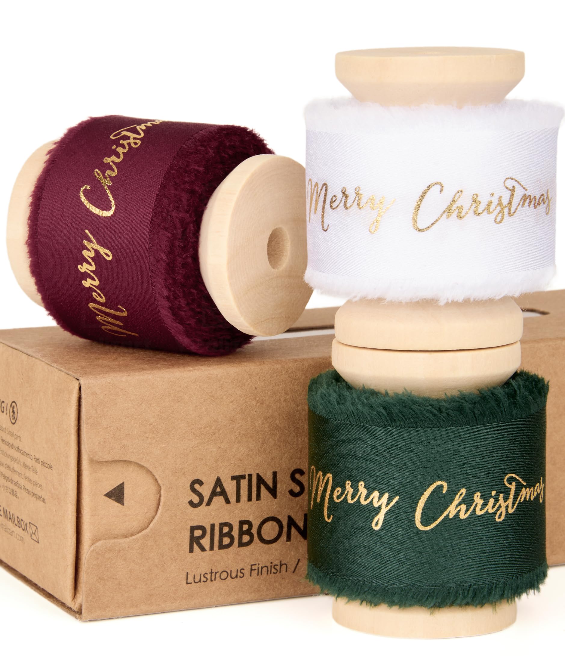 Vitalizart Merry Christmas Silk Satin Ribbon 1" x 15 Yds Wooden Spool