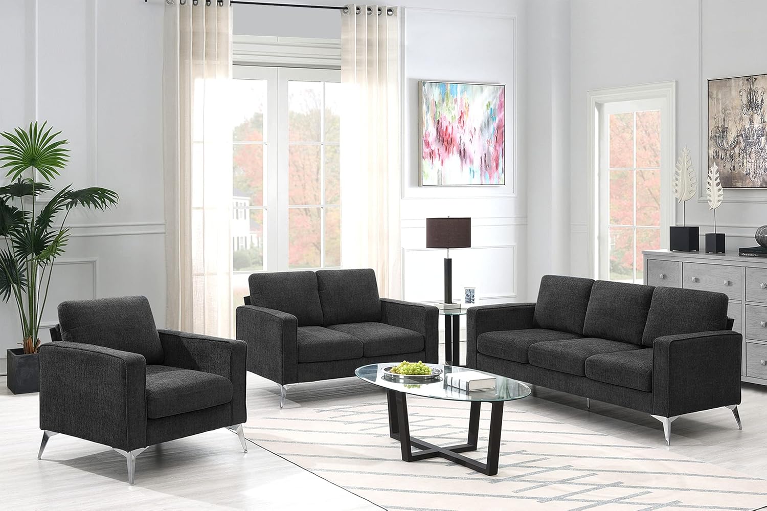 Seat Single Chair 1 Pieces Living Room Furniture Sets with Sturdy Metal Legs, Oversized Modern Upholstered Sectional Couch Include 3-Seater Sofa, Loveseat and Armchair, Easy Assembly, Dark Gery