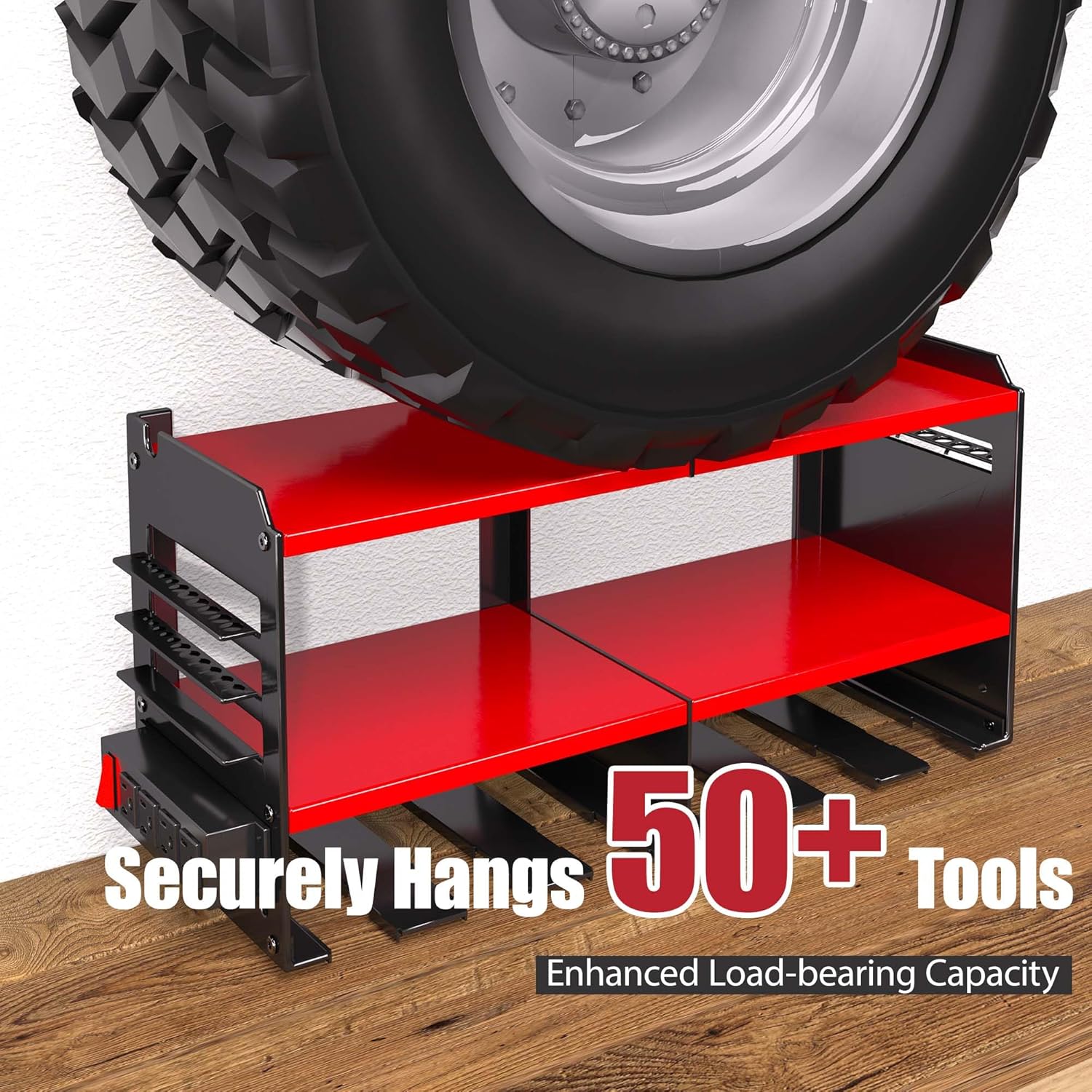 Power Tool Organizer with Charging Station, 6 Drill Holders Wall Mount, Heavy Duty Metal Premium Garage Tool Shelf, Gift for Man Cordless Tool Storage Rack with 4 Outlet Power Strip - Red