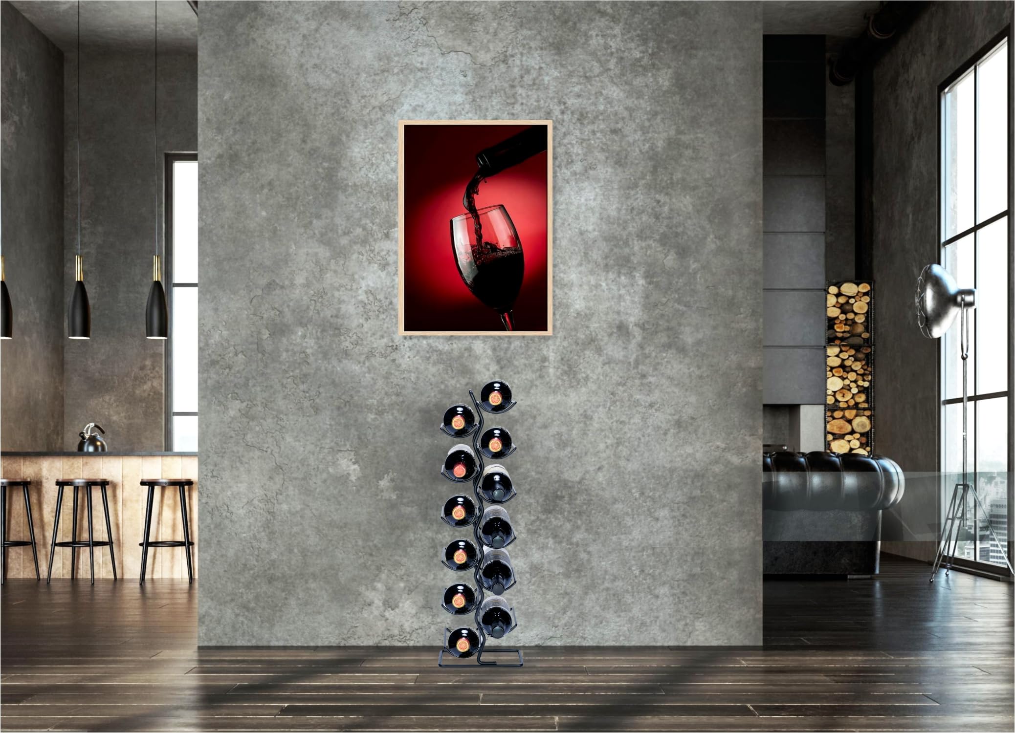 Botellero para 12 botellas 22x16x70cm (LxBxH) - Caja de vino - Portabotellas de vino - Almacenamiento de vinos con sacacorchos Recubrimiento de polvo Negro Metal Acero Botellero Estilo