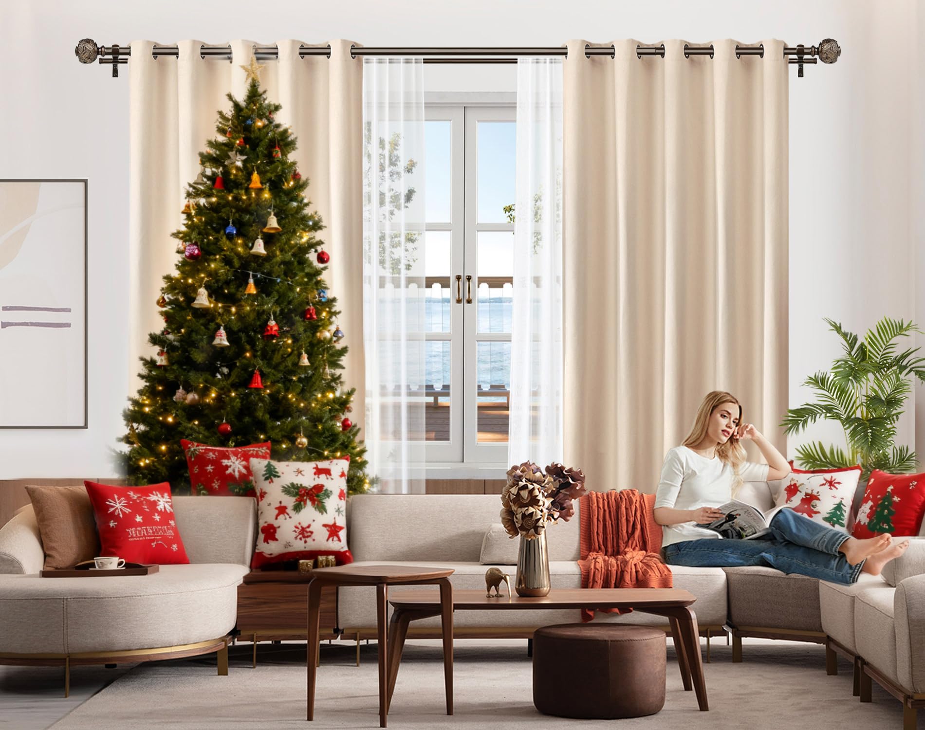 1 Inch Double Curtain Rods 36 to 72 Inches(3-6 ft) Bronze Drapery Rods for Windows 24 to 68 Inches, Telescoping Dual Curtain Rod with Woven Leaf Finials