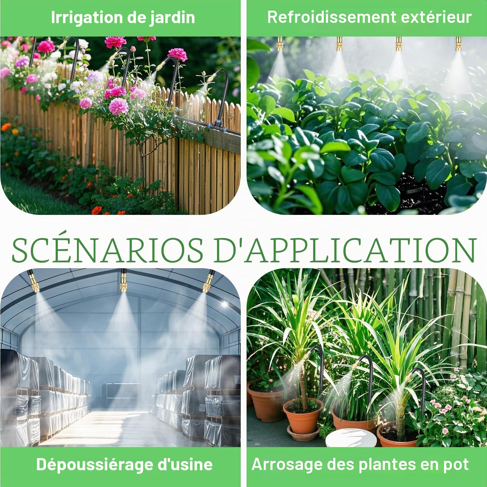 Système d'irrigation de jardin flexible à 360° avec buses de pulvérisation réglables – Kit à monter soi-même pour pelouses, terrasses et refroidissement à brouillard extérieur (15 m)