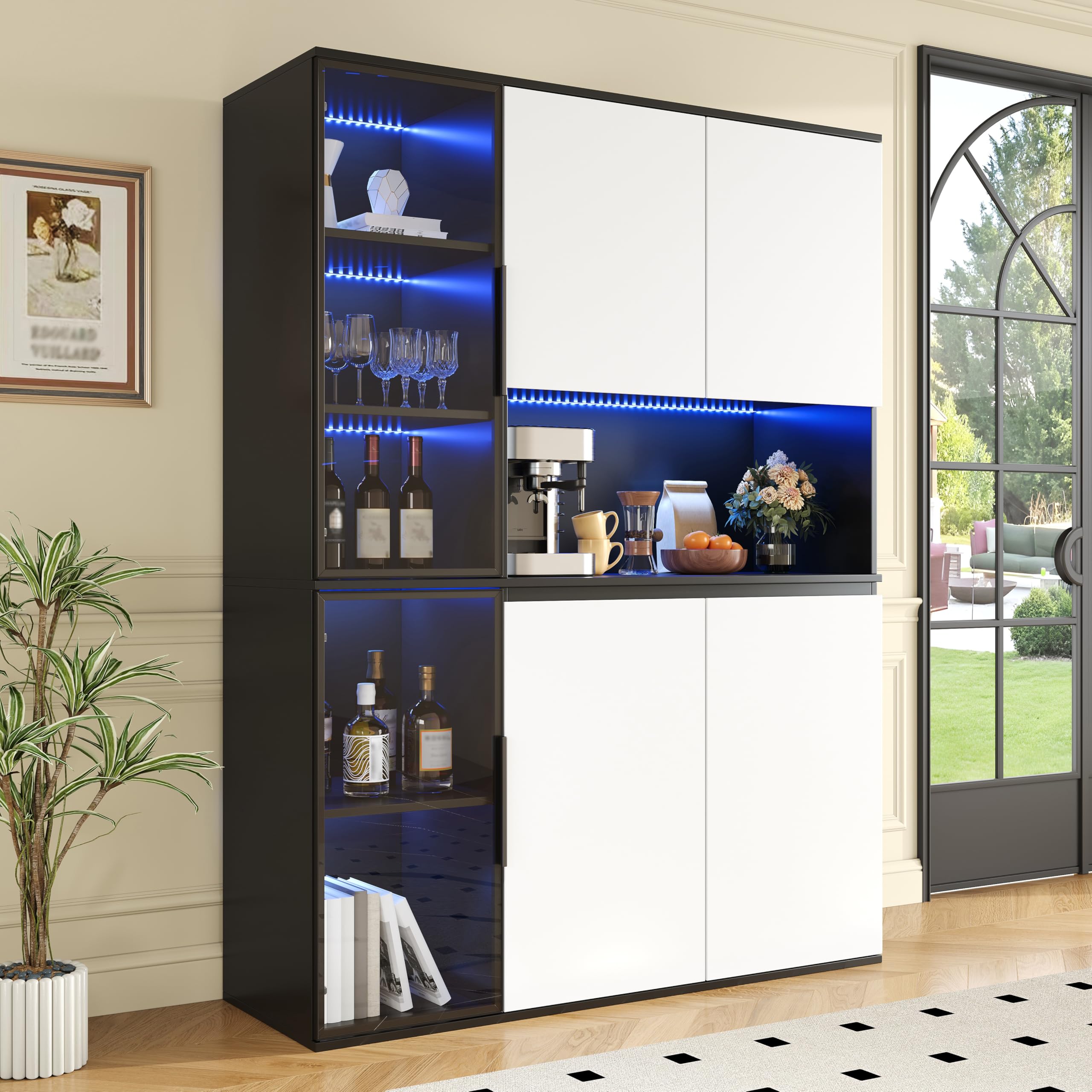Armadietto alto, 120 x 40 x 160 cm, effetto nero e bianco, elementi in vetro, vetrina, credenza, corpo in MDF, spazioso, armadio per sala da pranzo