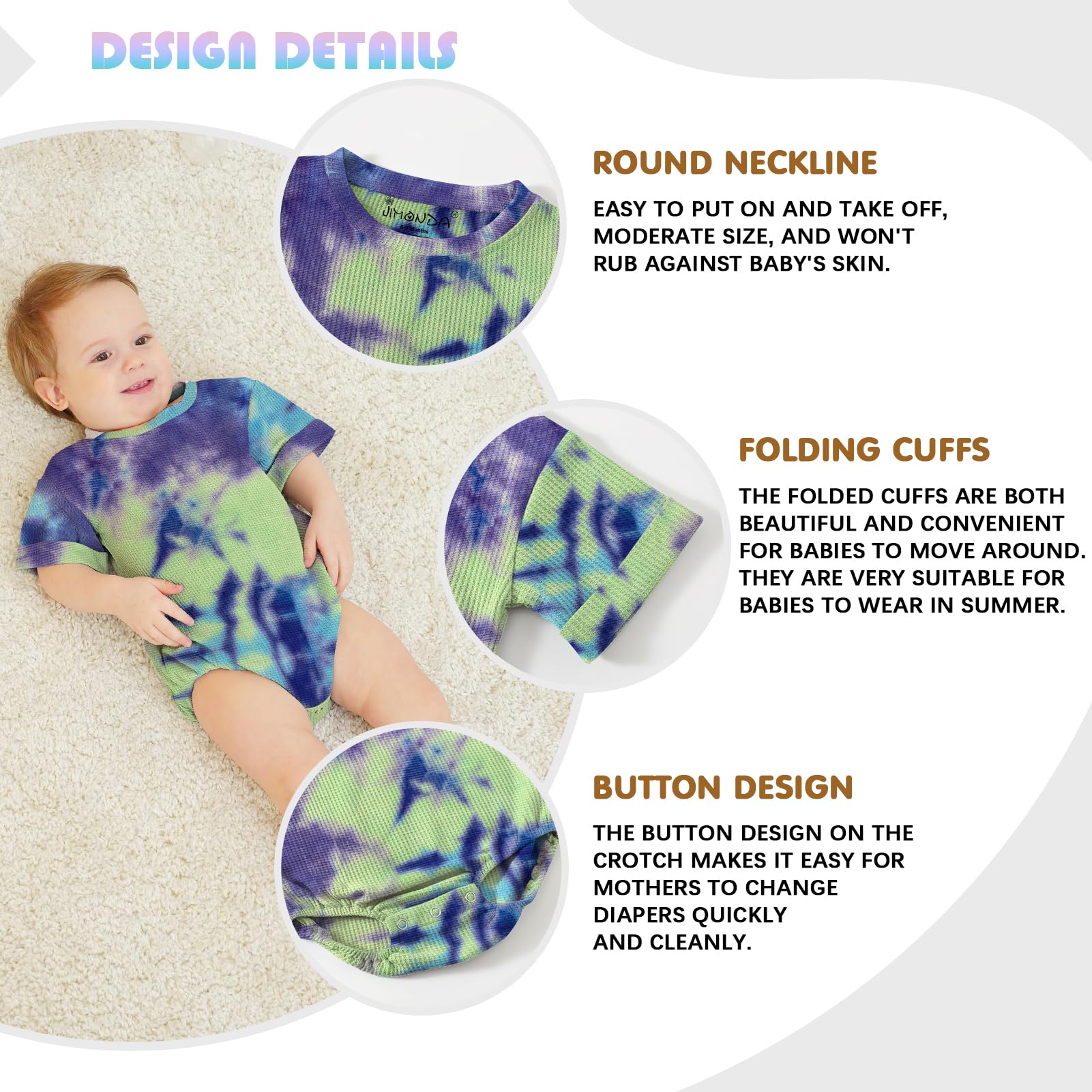 Jimonda Baby Bodysuit Newborn Tie Dye Clothes Infant Waffle One Piece Romper Baby Boys Girls Short Sleeve Jumpsuit Outfits