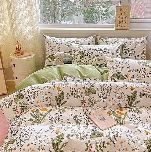 Miniatura 5 de Juego de edredón botánico tamaño Queen, color blanco y verde salvia, juego de ropa de cama floral con patrón de jardín impreso en blanco, manta