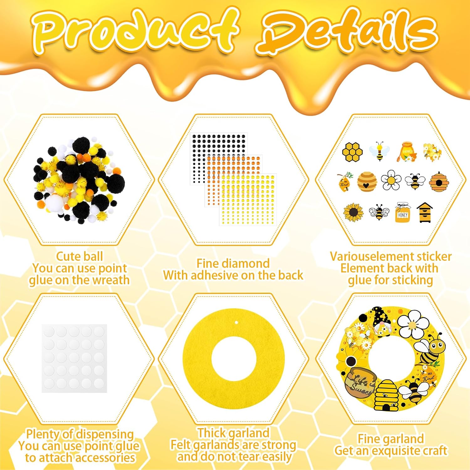 32 Sets Bee Wreath Crafts Kits DIY Summer Felt Bee Wreath Hanging Ornaments with Sunflower Honey Flower Gnome Hive Stickers Crafts Make Your Own for Home Summer Party Decor