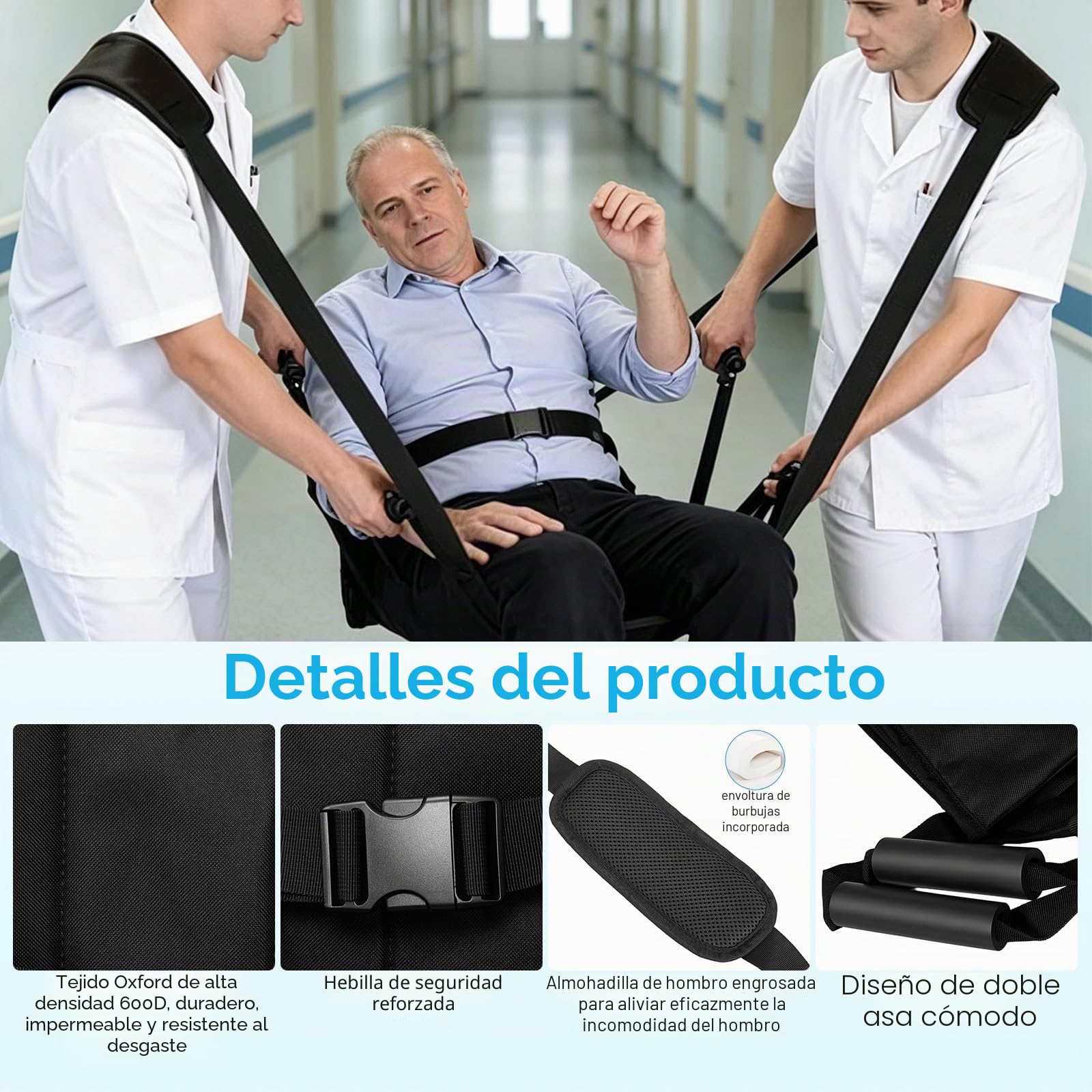 Cinturón Transferencia para Pacientes, Ayuda para la Movilidad y Transferencia Eslinga Elevación Dispositivo Asistencia para Personas Mayores Diseño con Cremallera Lateral Capacidad Carga 150kg