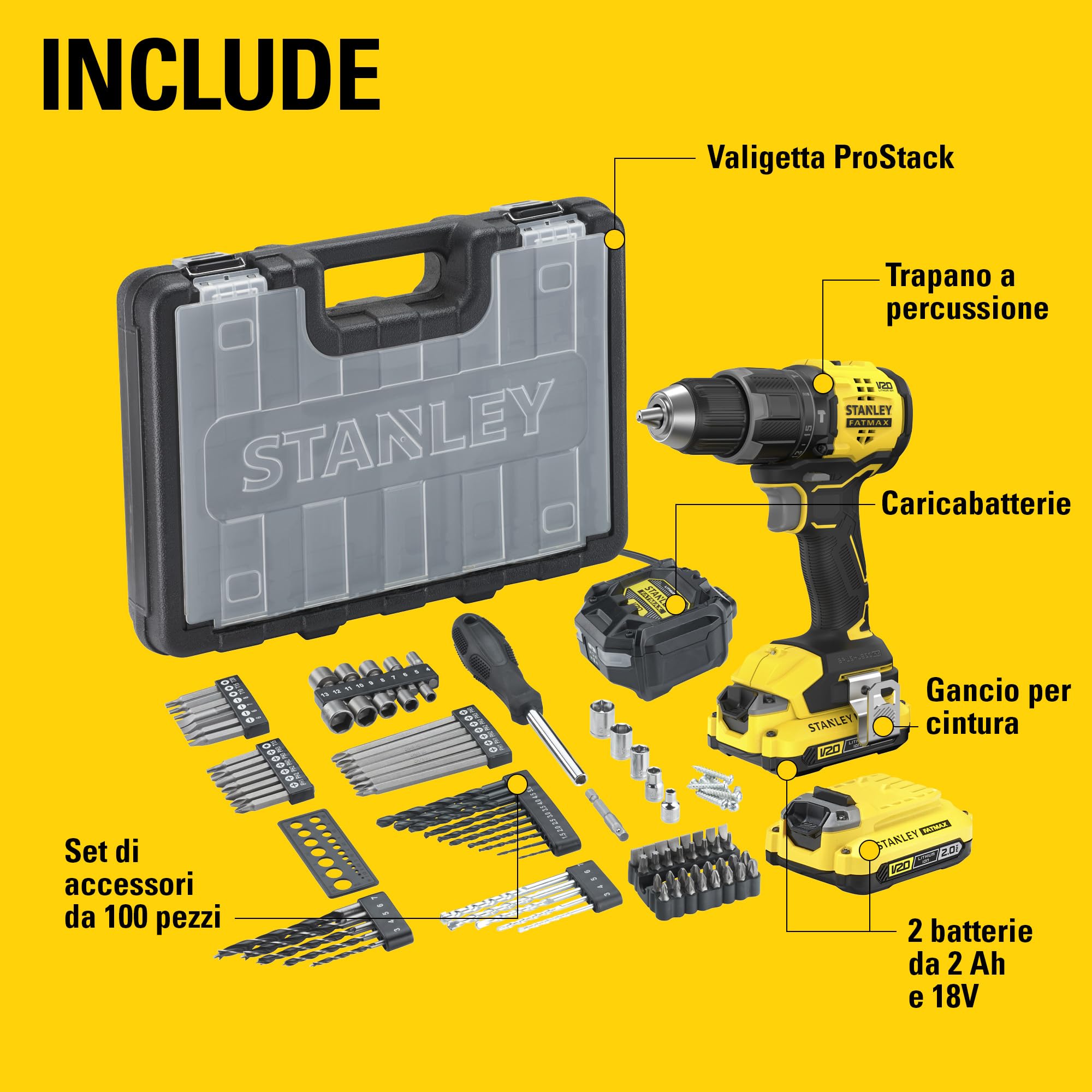 STANLEY V20 Trapano avvitatore a percussione a 2 ingranaggi senza filo, include batteria agli ioni di litio da 2,0Ah, caricatore da 1,25A e 100 accessori con custodia ProStack, 18V, SFMCD716D2A-QW