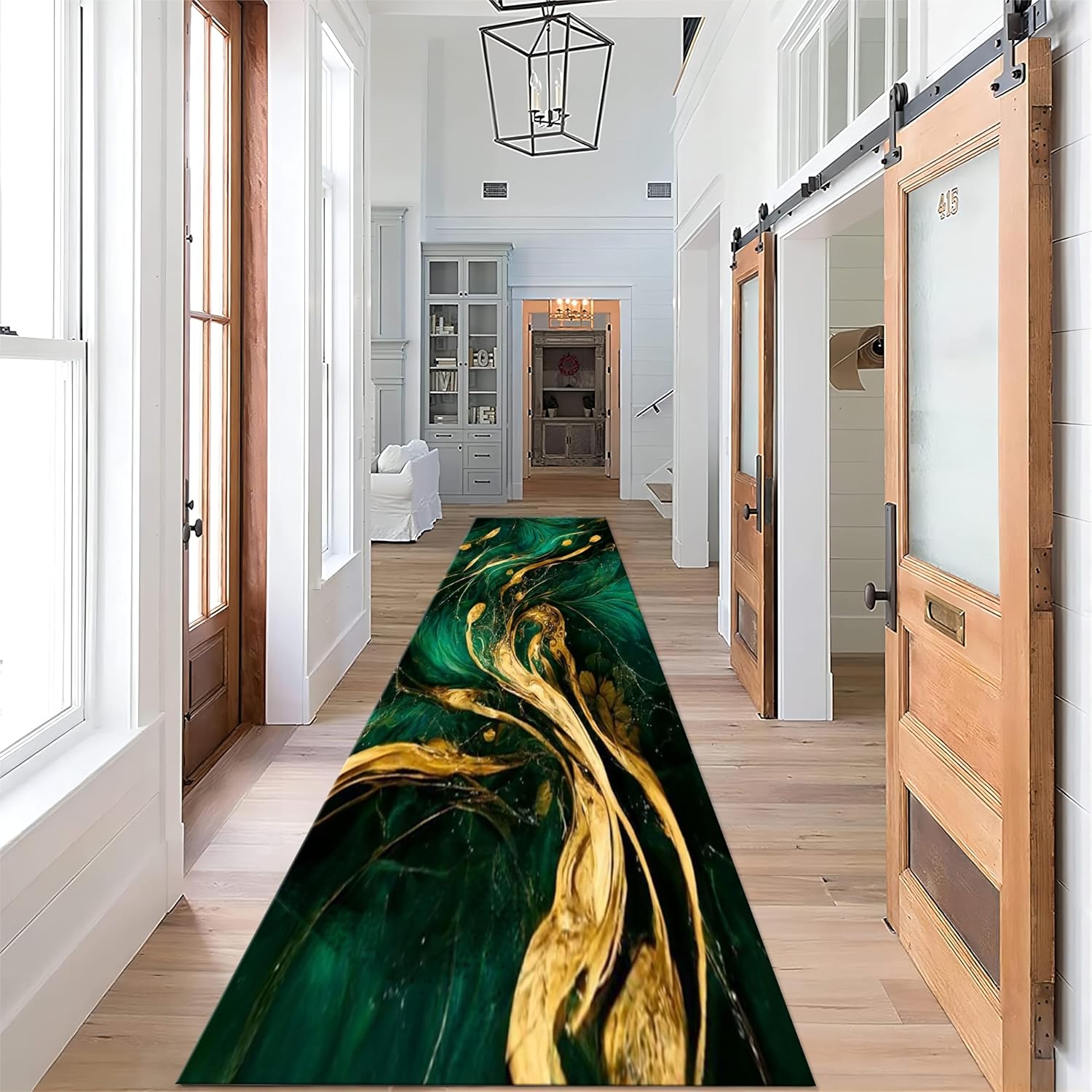Emerald Green Marble Runner for Entryway, 2x6ft, Modern Green Gold Liquid Decor Runner Rug, Foldable Anti-Skid Entryway Carpet, Reduce Noise Washable Kitchen Rug for Hallway Porch