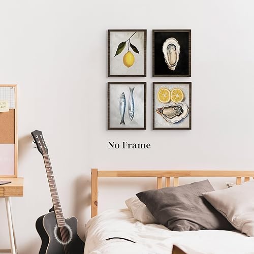 Miniatura 4 de QLMX Juego de 4 impresiones artísticas de pared vintage de limón y ostra de sardina y pescado para cocina, impresiones francesas retro para