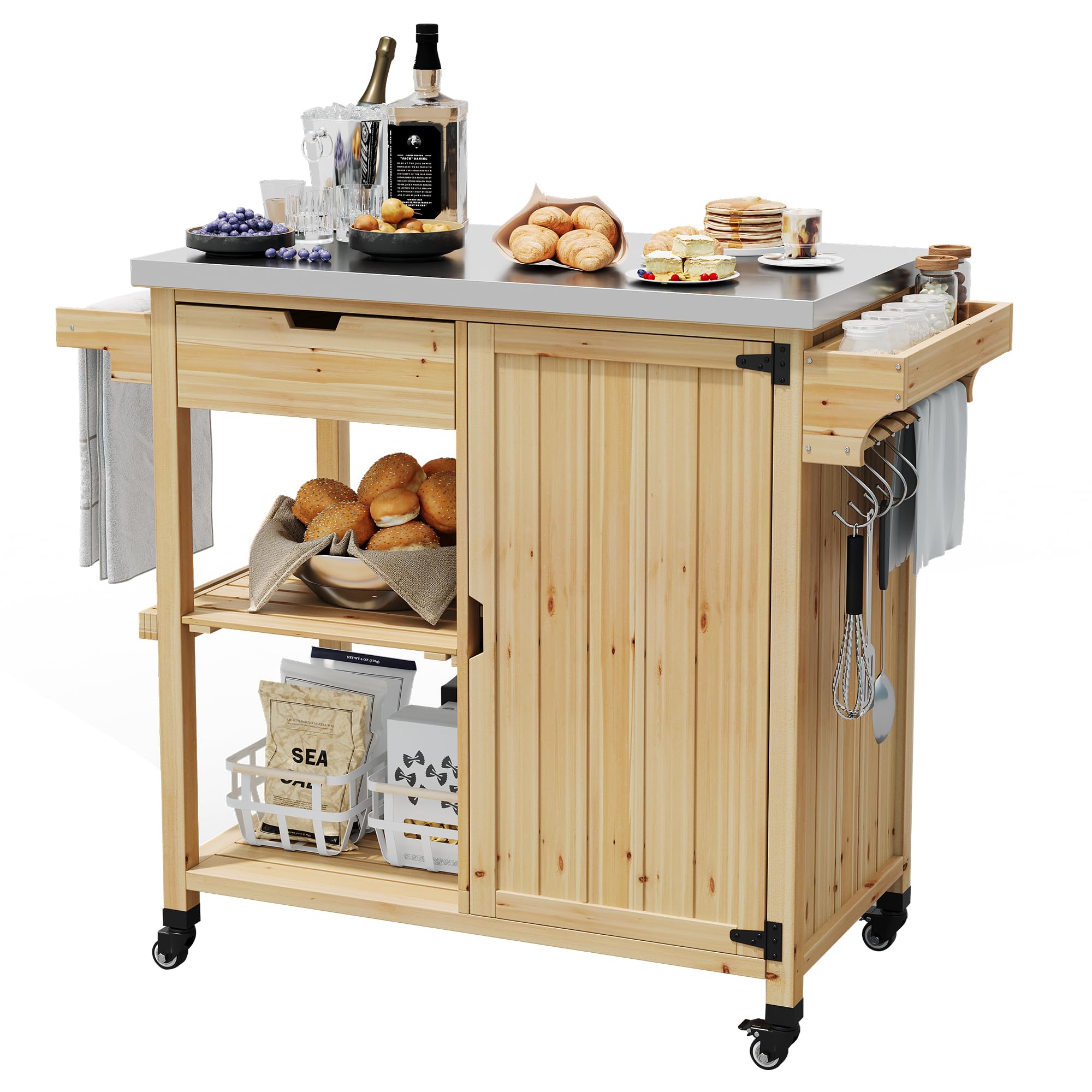 Garvee Chariot de Barbecue supplémentaireérieur Professionnel – Plan de Travail INOX, Armoire de Rangement, tiroir, étagères Ouvertes, Porte-épices, roulettes – Îlot Mobile et Table d’appoint pour