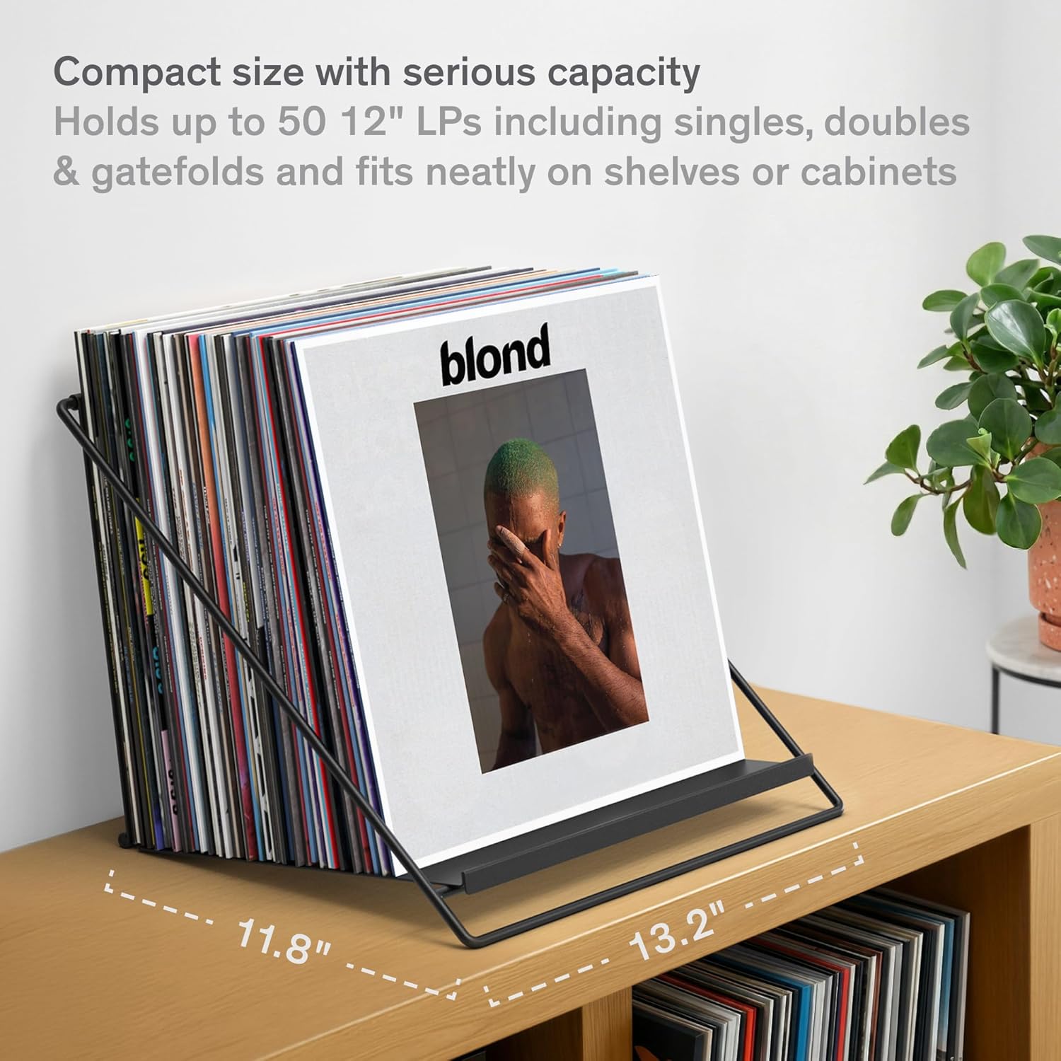 Boundless Audio Vinyl Record Holder - Solid Steel Vinyl Record Storage Rack for 50 LPs - Minimalist Album Organizer with Now Playing Display Stand - Secure LP Crate Alternative - Patented Design