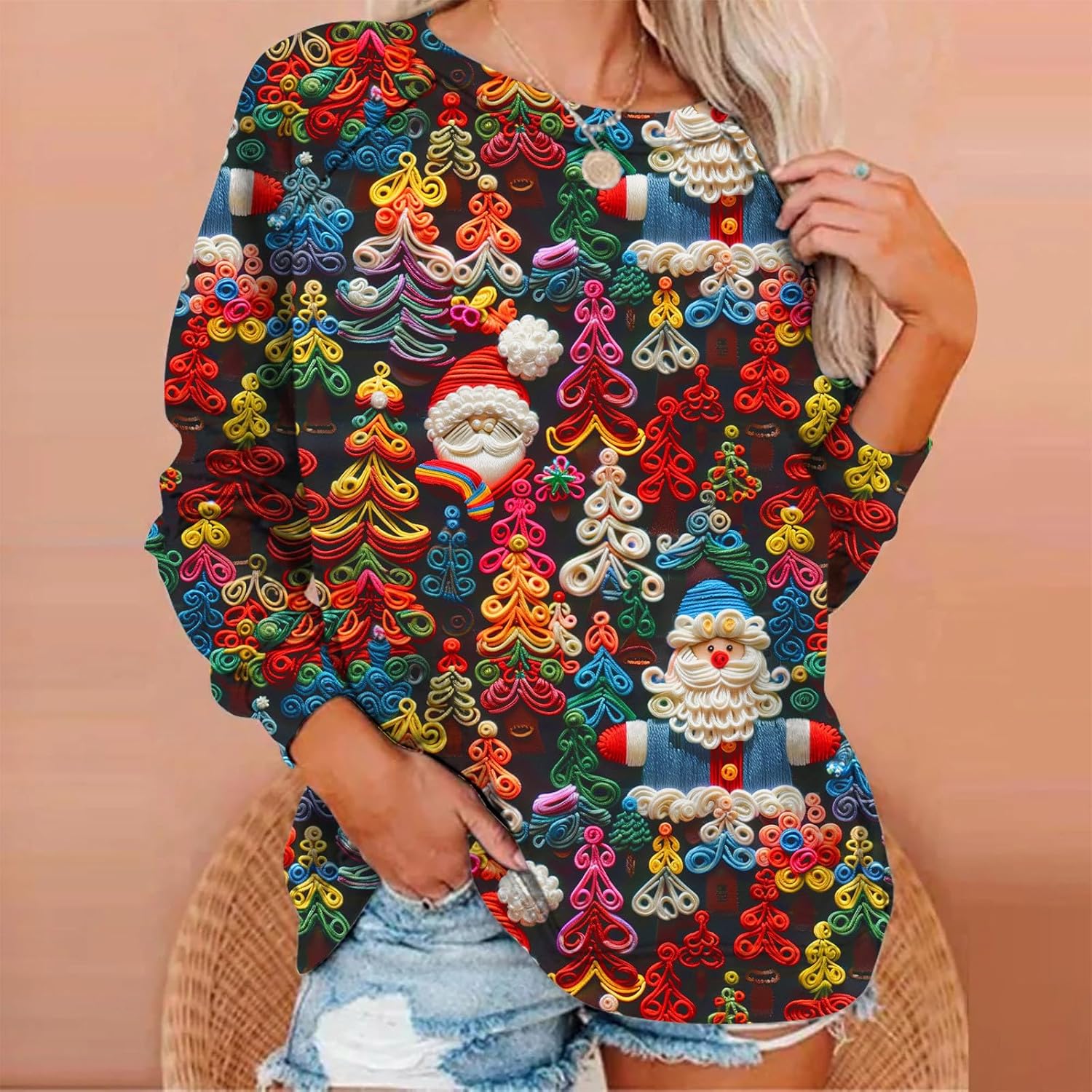 Ugly Christmas Sweatshirt for Women Cute Funny 3D Digital Print Xmas Pullover Tops Crewneck Christmas Sweater Shirts