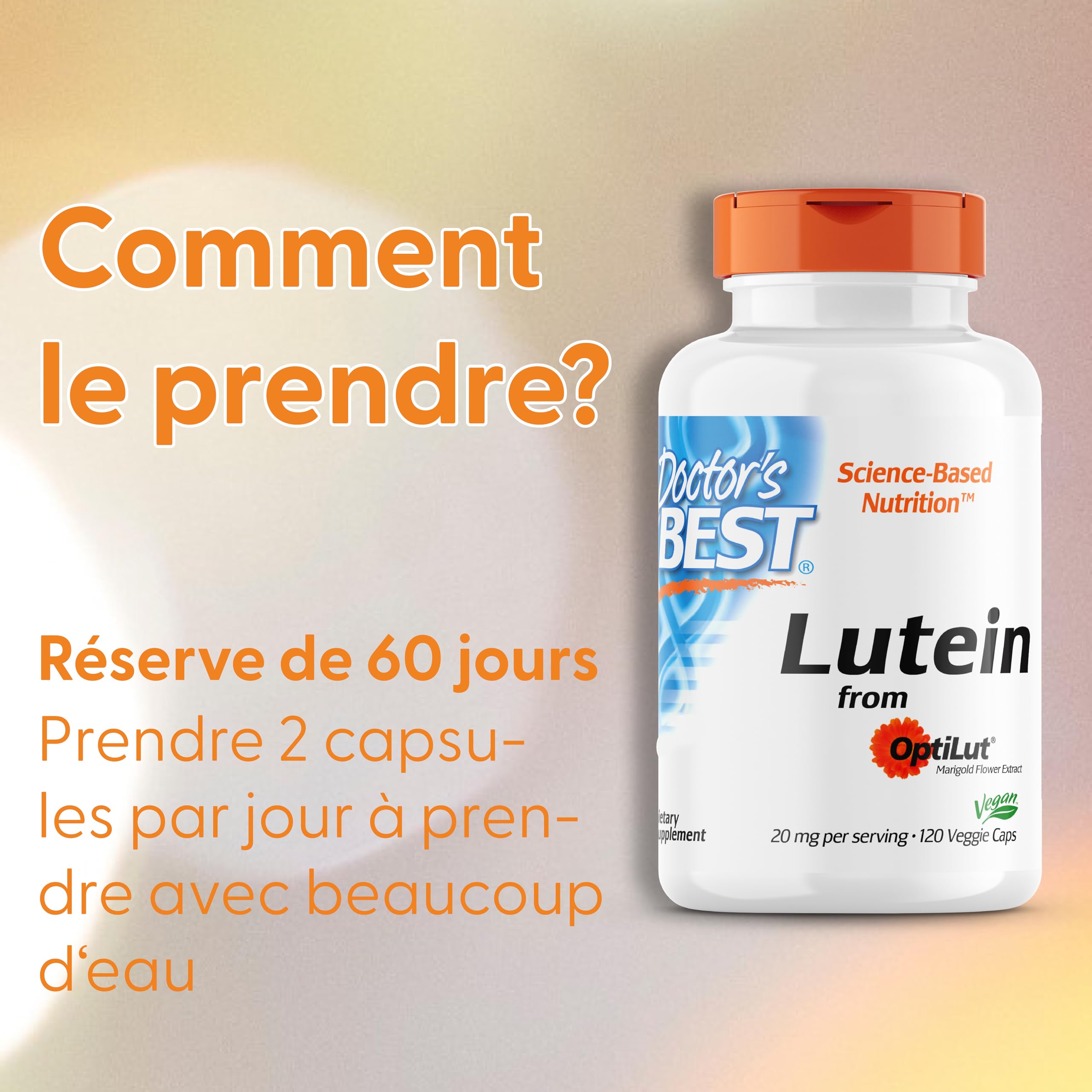Doctor's Best, Lutéine, avec Optilut, 10 mg, 120 Capsules végétaliennes, Caroténoïde, Zéaxanthine, Testé en Laboratoire, Haute Dose, Sans Soja, Sans Gluten
