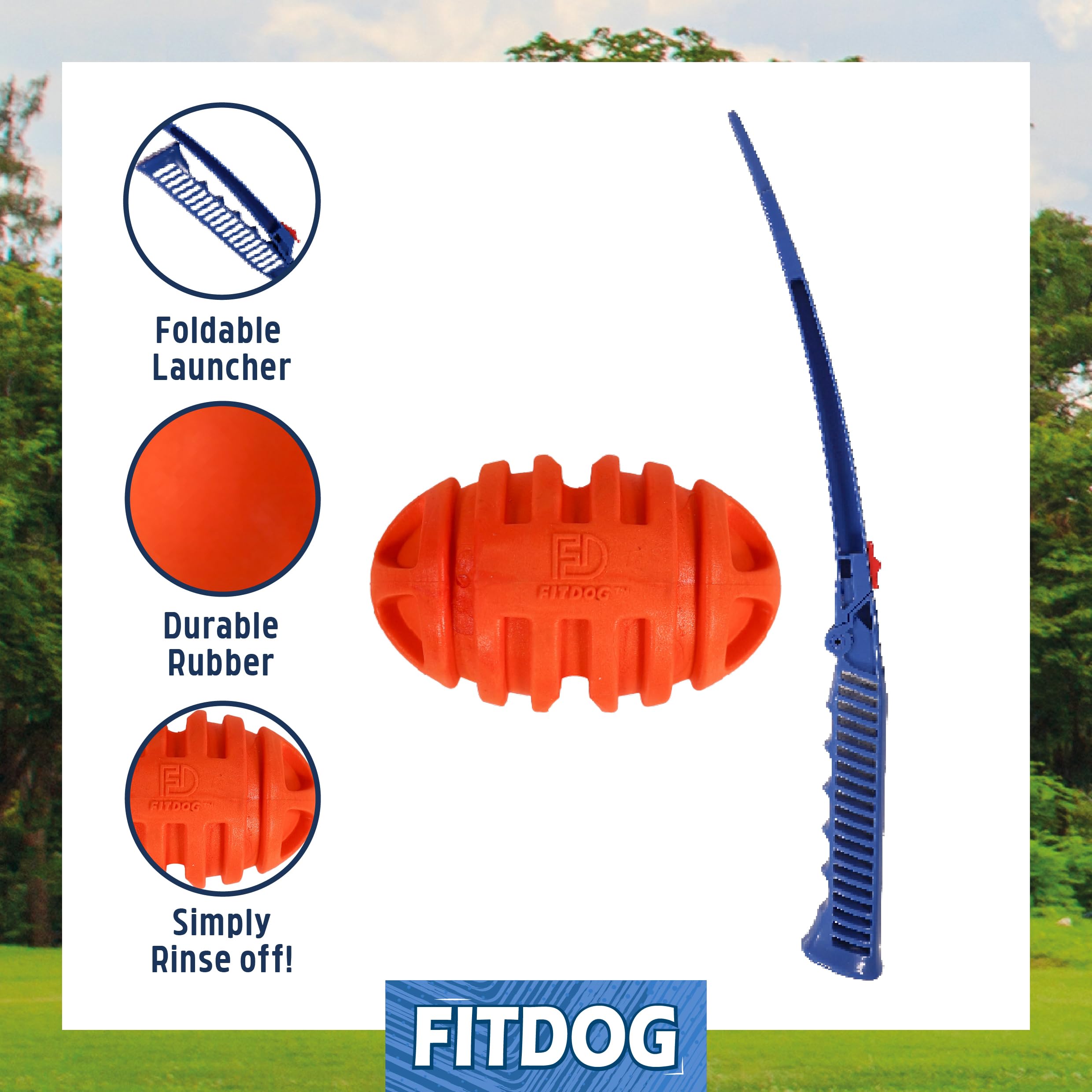 Rosewood Fit Dog Rubber Rugby Ball Throw Toy with Foldable Launcher, Durable Outdoor Dog Fetch Toy & Flinger - Image 2