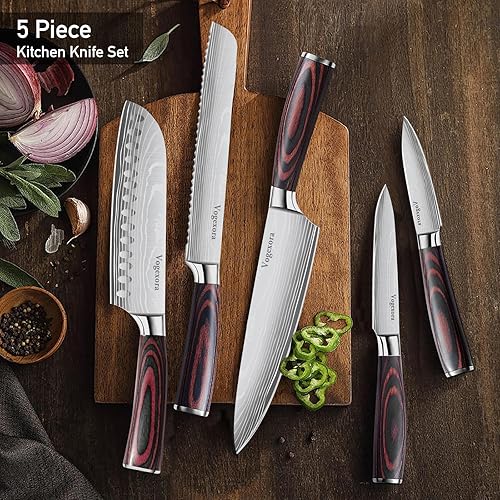 Miniatura 8 de Juego de 5 cuchillos afilados de cocina para chefs, cuchillos de corte japoneses profesionales para carne, pan de verduras y pelar, Santoku de acero