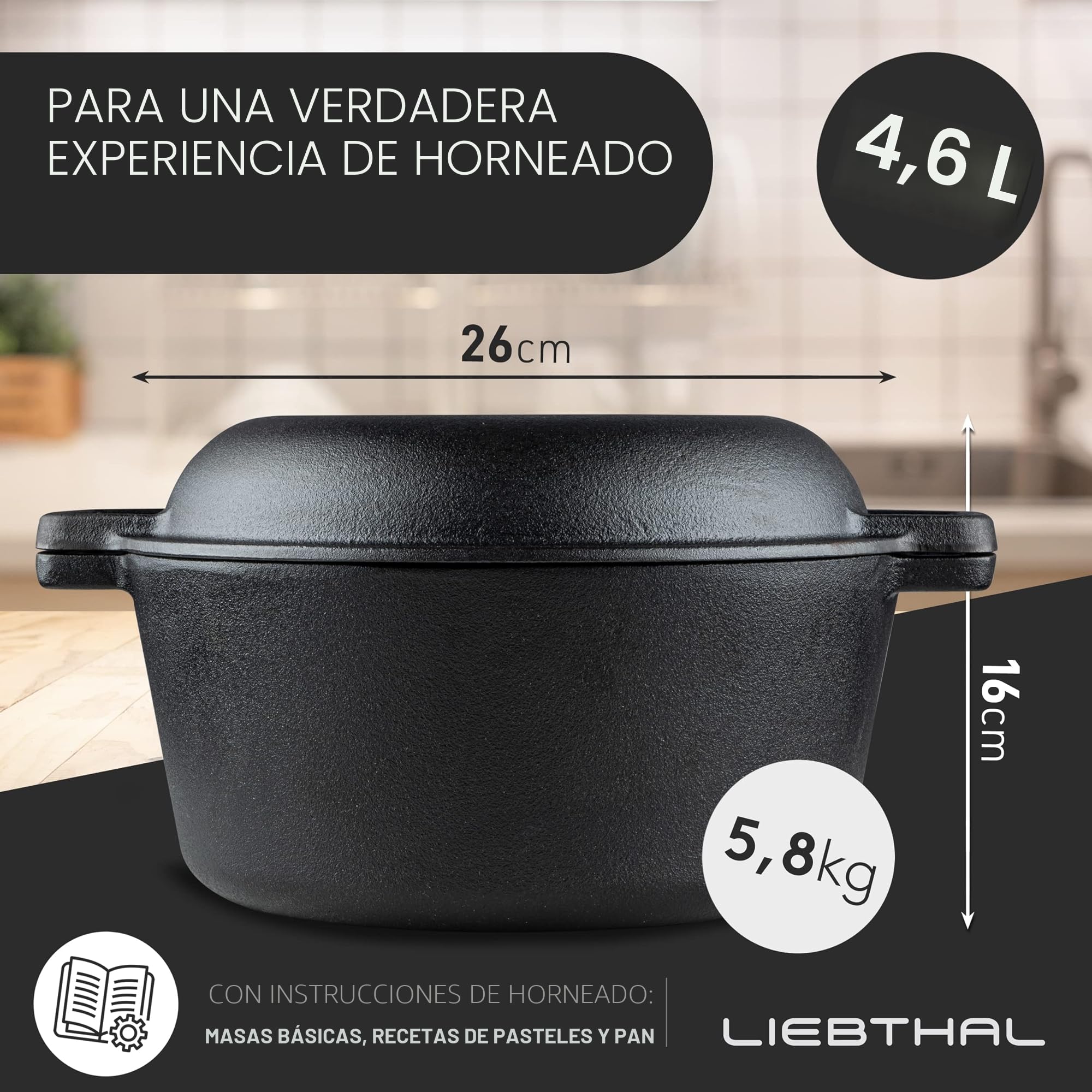 LIEBTHAL Olla de Hierro Fundido Con Tapa de 4,6 L, Sartén Robusta Para Hornear Pan, Freír y Guisar, Inserto de Silicona Antiadherente a Medida