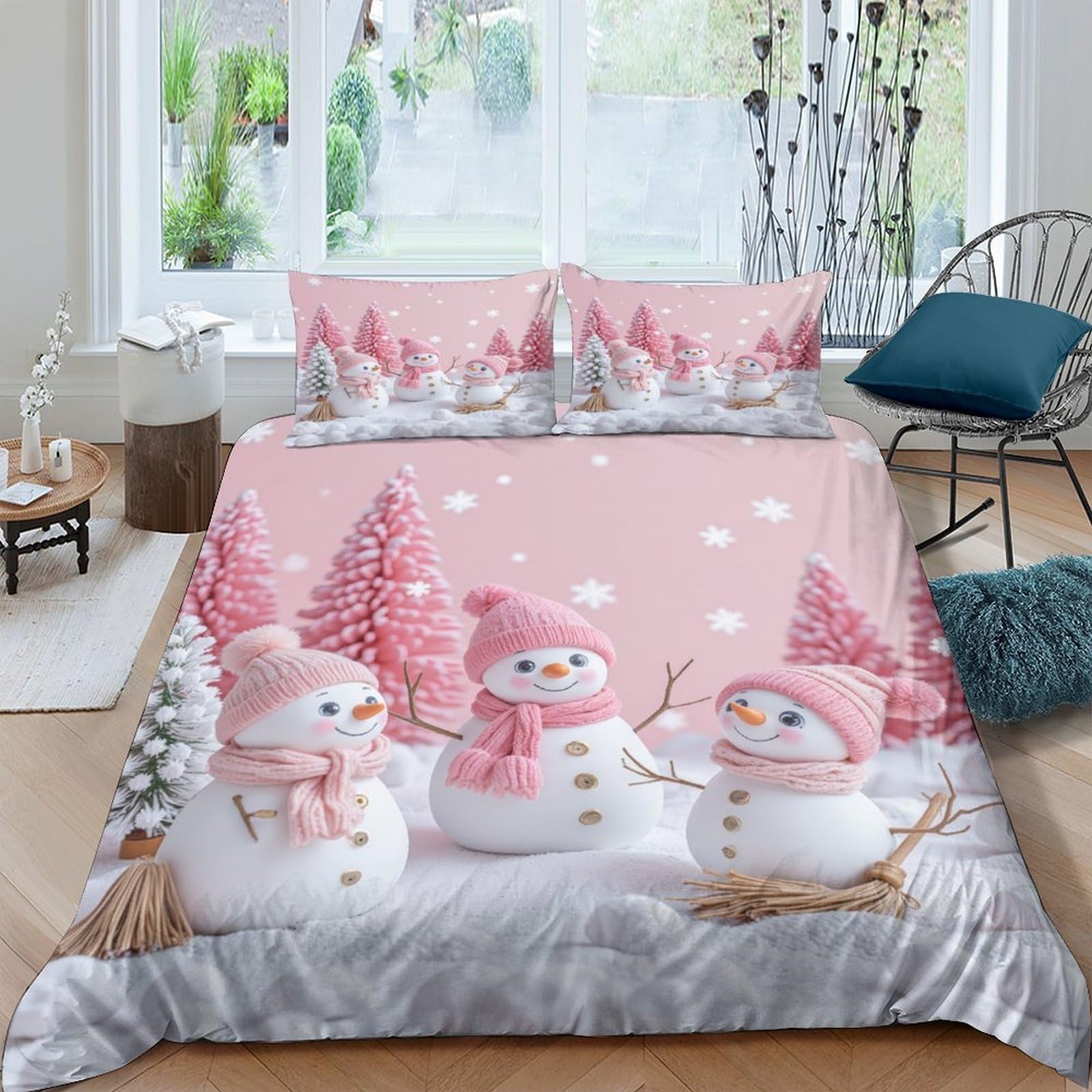 Ctjqhvkz Style-1 3D Printed Pink Snowman Fitted Sheet Microfiber Soft Breathable Winter Forest Bed Cover For Bedroom Guest Room Single（135X200cm）