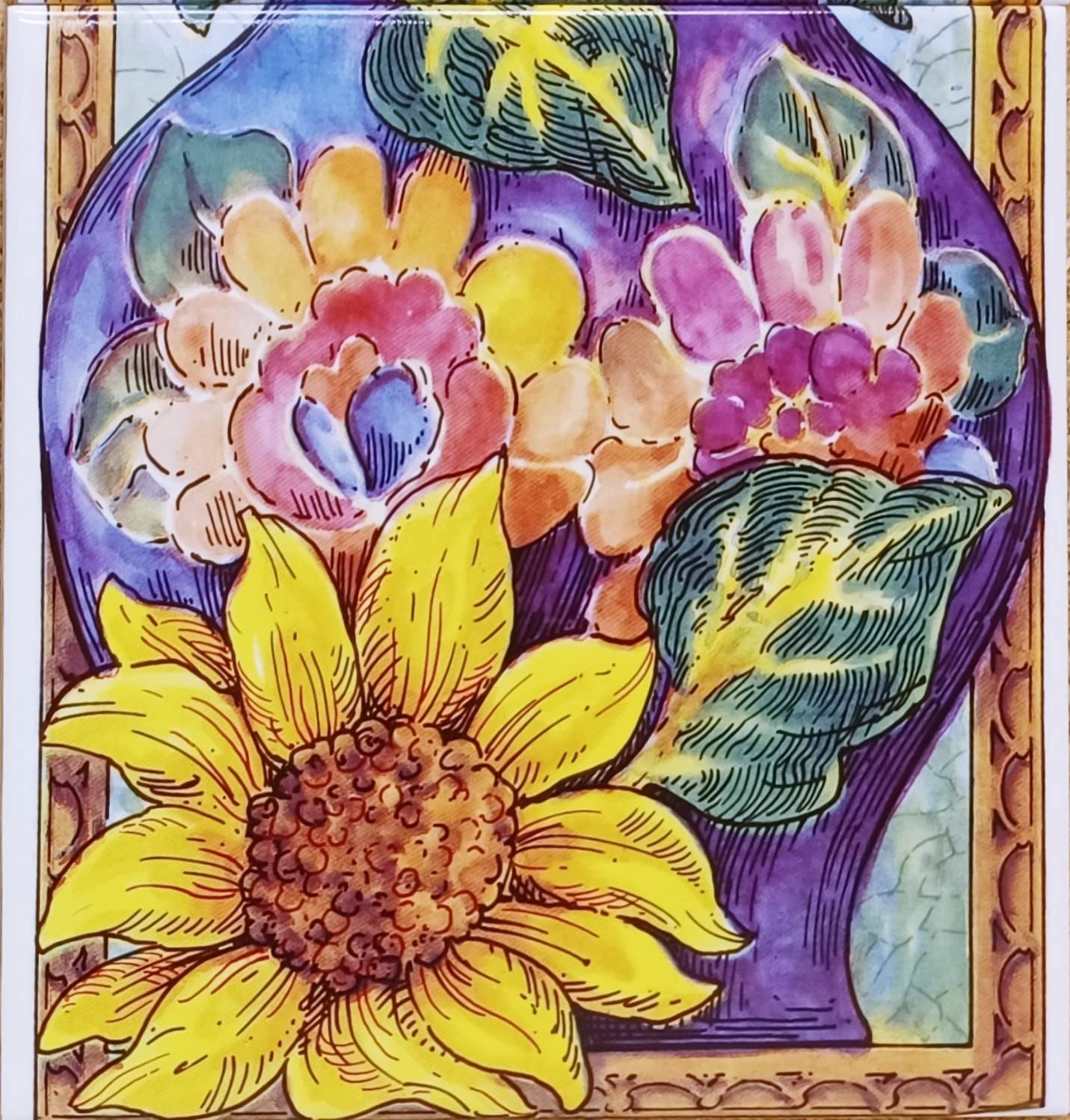 Słoneczniki, płytki ceramiczne, mural kwiatowy, 75 cm x 15 cm, 5 płytek 15 cm, kominek, płytki rozbryzgowe, ręcznie zdobione w Wielkiej Brytanii