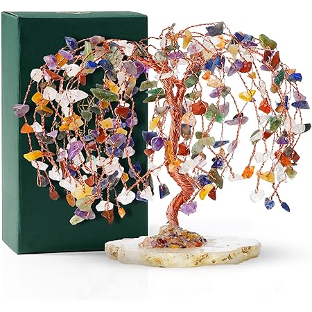 KARMAPLEDGE Handcrafted Chakra Crystal Tree (Slice Base Copper Wire), Healing Chakra Tree with Tumbled Gemstones, Natural 7 Chakra Tree of Life Home/Office Decor for Wealth & Prosperity