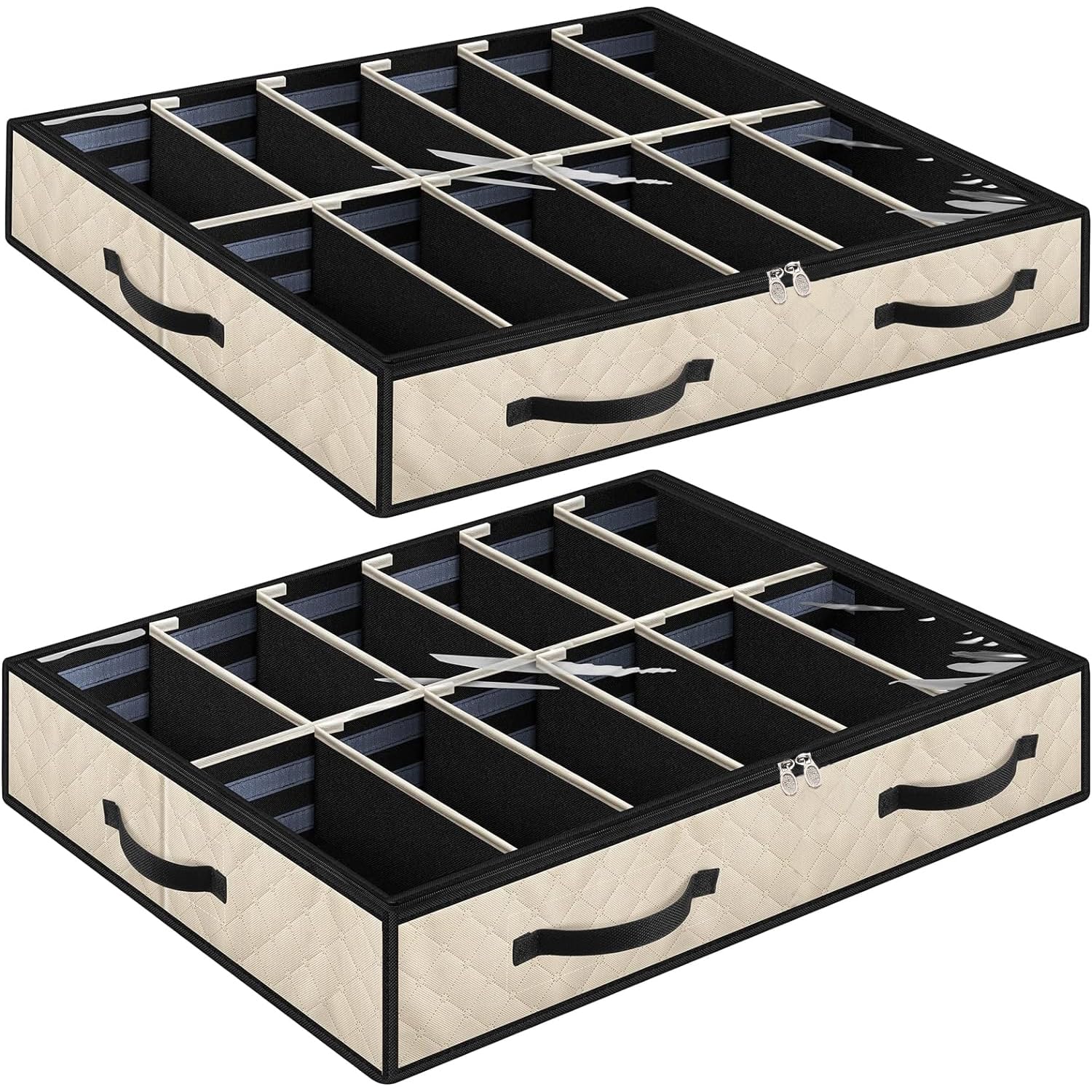 Unterbett-Schuh-Organizer, 2er-Set, stabile Struktur, verstellbare Trennwände, verstärkter Griff, stabiler Reißverschluss, passend für insgesamt 24 Paar, atmungsaktiv, beige