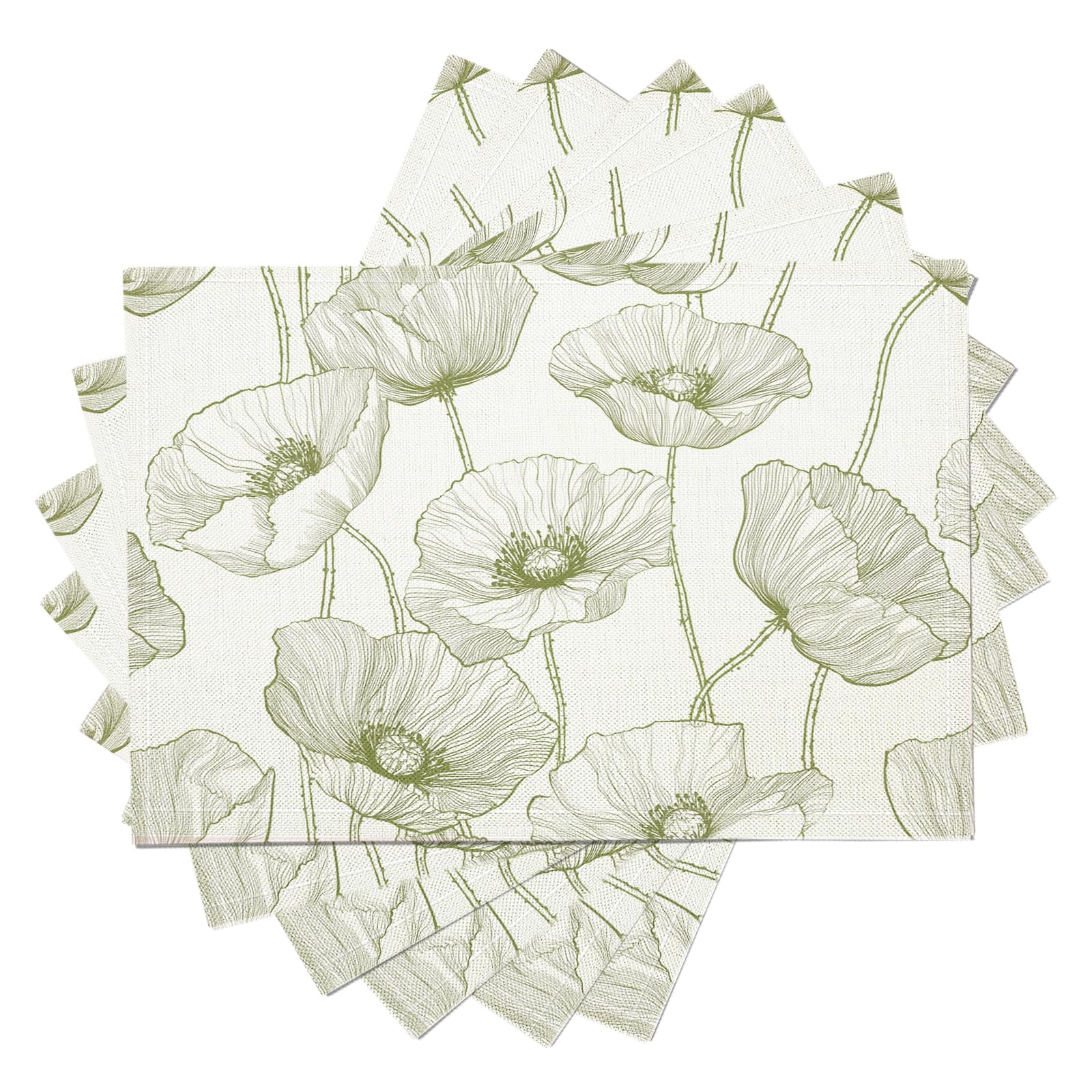 Lot de 8 Set Table Dessin Au Trait en Lavable en Machine, Réutilisable Rectangulaire Lin de Coton Set de Table Résistant à la Chaleur (Fleurs Vertes,30×45 cm)