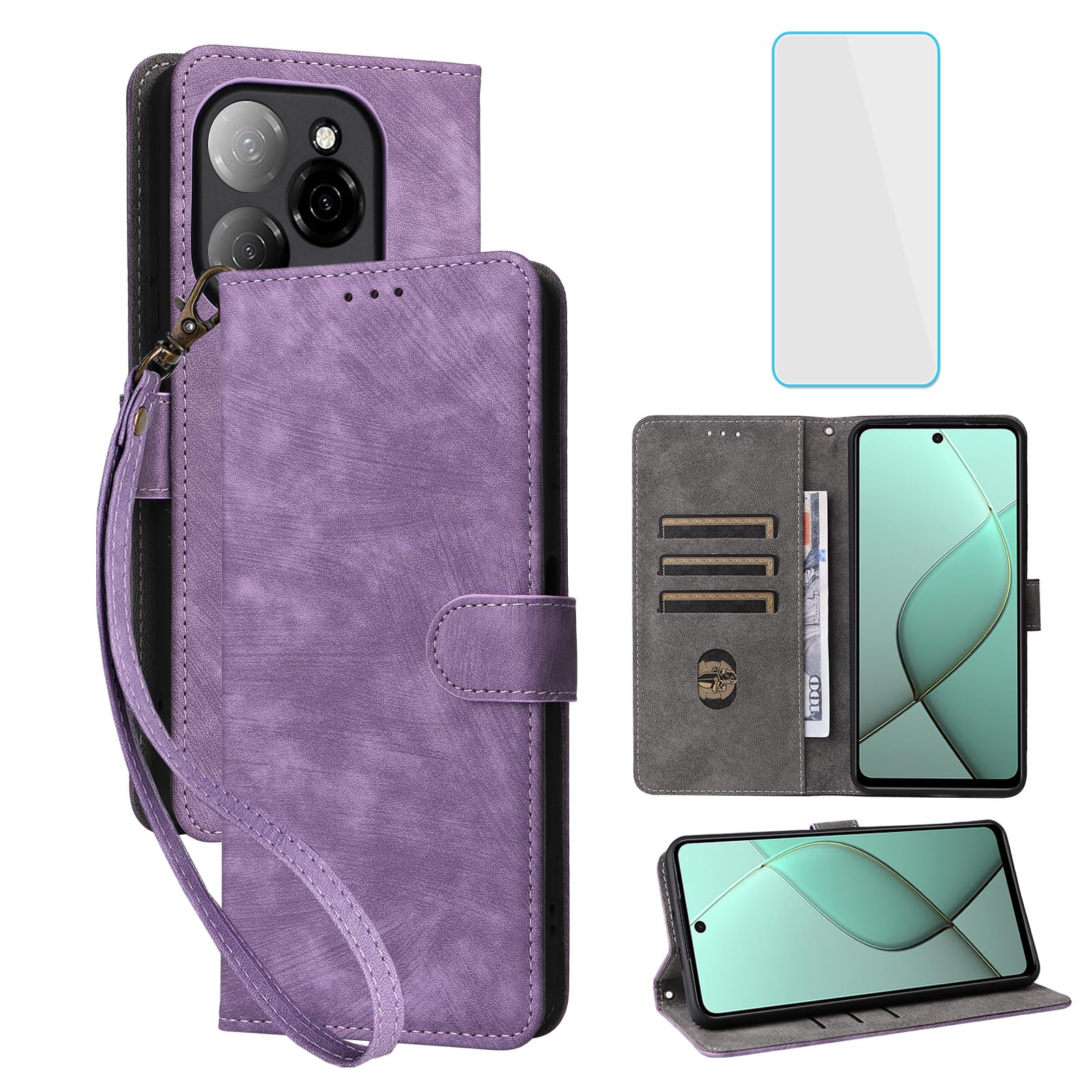 for Tecno Spark 20 Pro 5G Wallet Phone Case with Screen Protector [RFID Blocking] Leather Flip Card Holder Kickstand Women Men Cell Phone Case for Tecno Spark20 Pro KJ8 Spark 20Pro 5G Purple