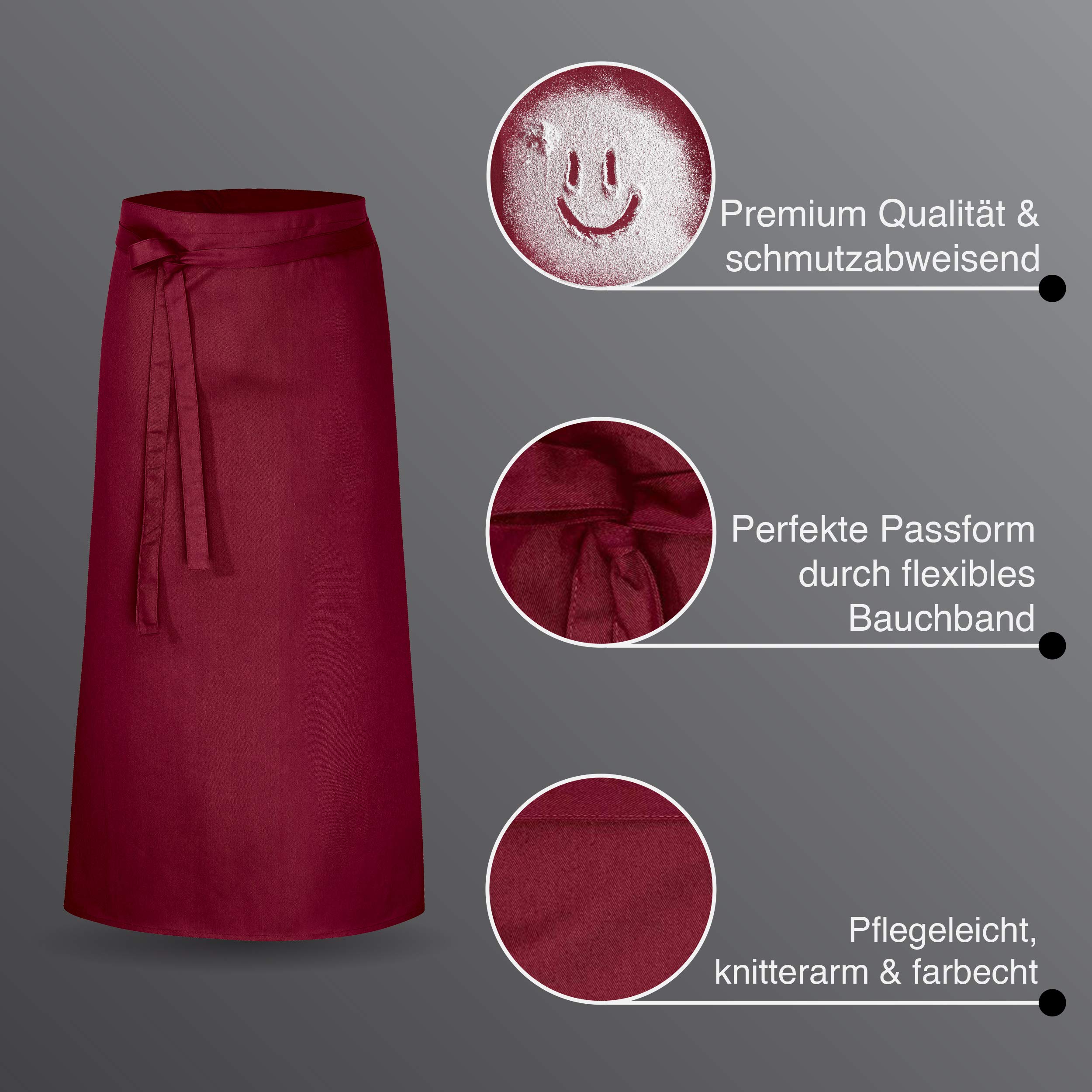 DESERMO - Juego de 10 Delantales prémium de 100 cm x 100 cm (Largo x Ancho), Delantal Profesional Mujer y Hombre, Mezcla innovadora de algodón y poliéster, Color Burdeos