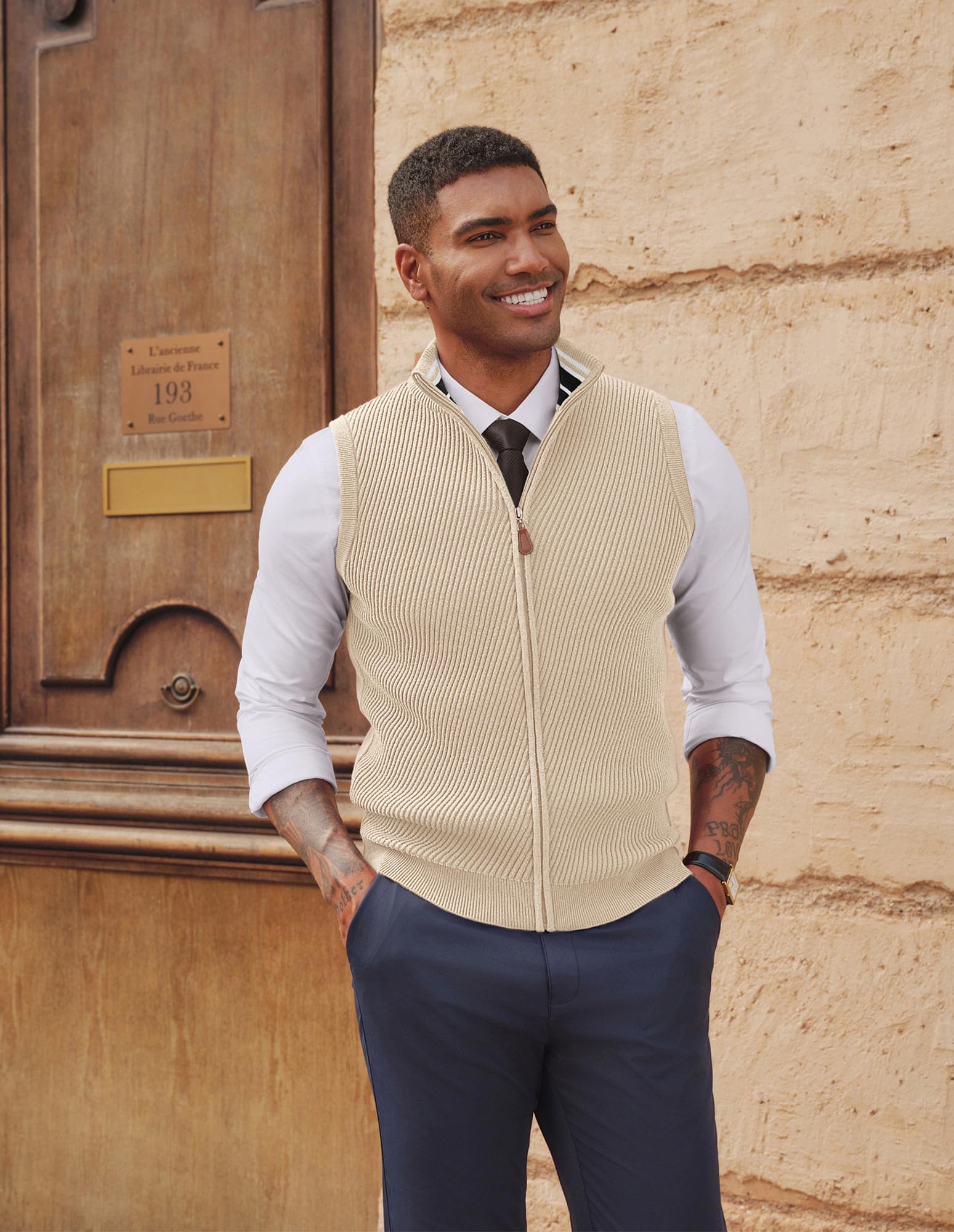 PJ PAUL JONES Chaleco de punto para hombre, cuello alto falso, cremallera completa