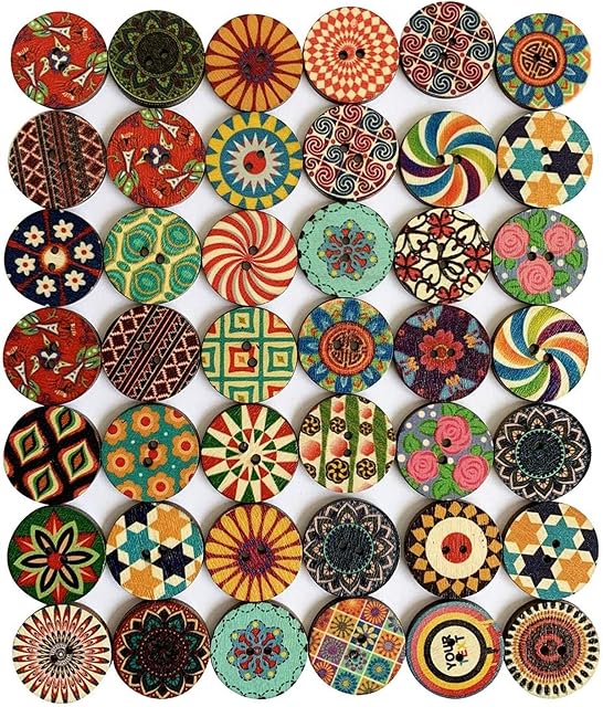 Wooden Buttons for Crafts Wood Buttons 1 Inch Assorted Vintage Round Wooden Flower (25mm)