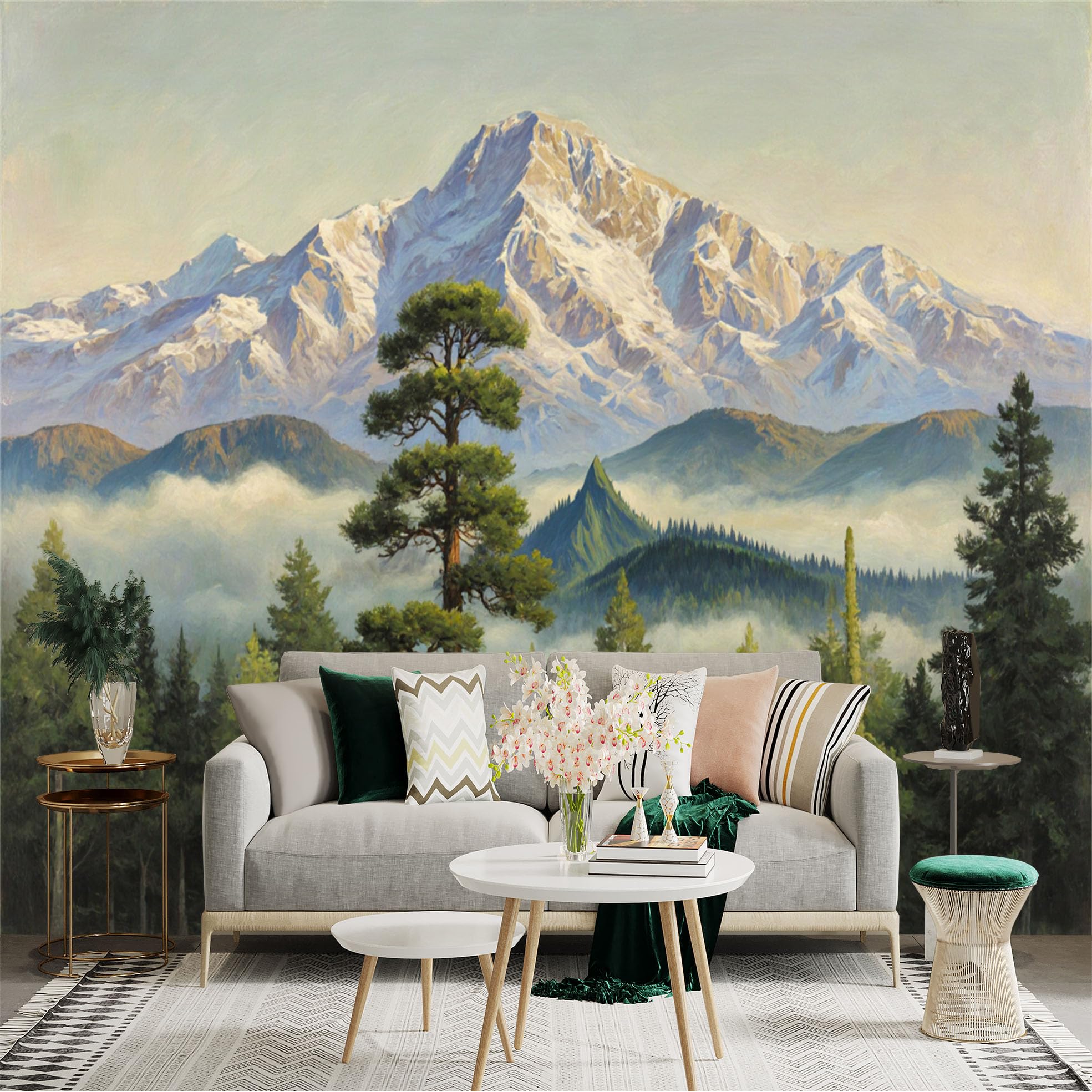 Custom Size Wall Sticker Mural， Snowy Mountain Landscape with Pine Forest and Misty Valley， for wall Decoration， peelandstick wall Decals.
