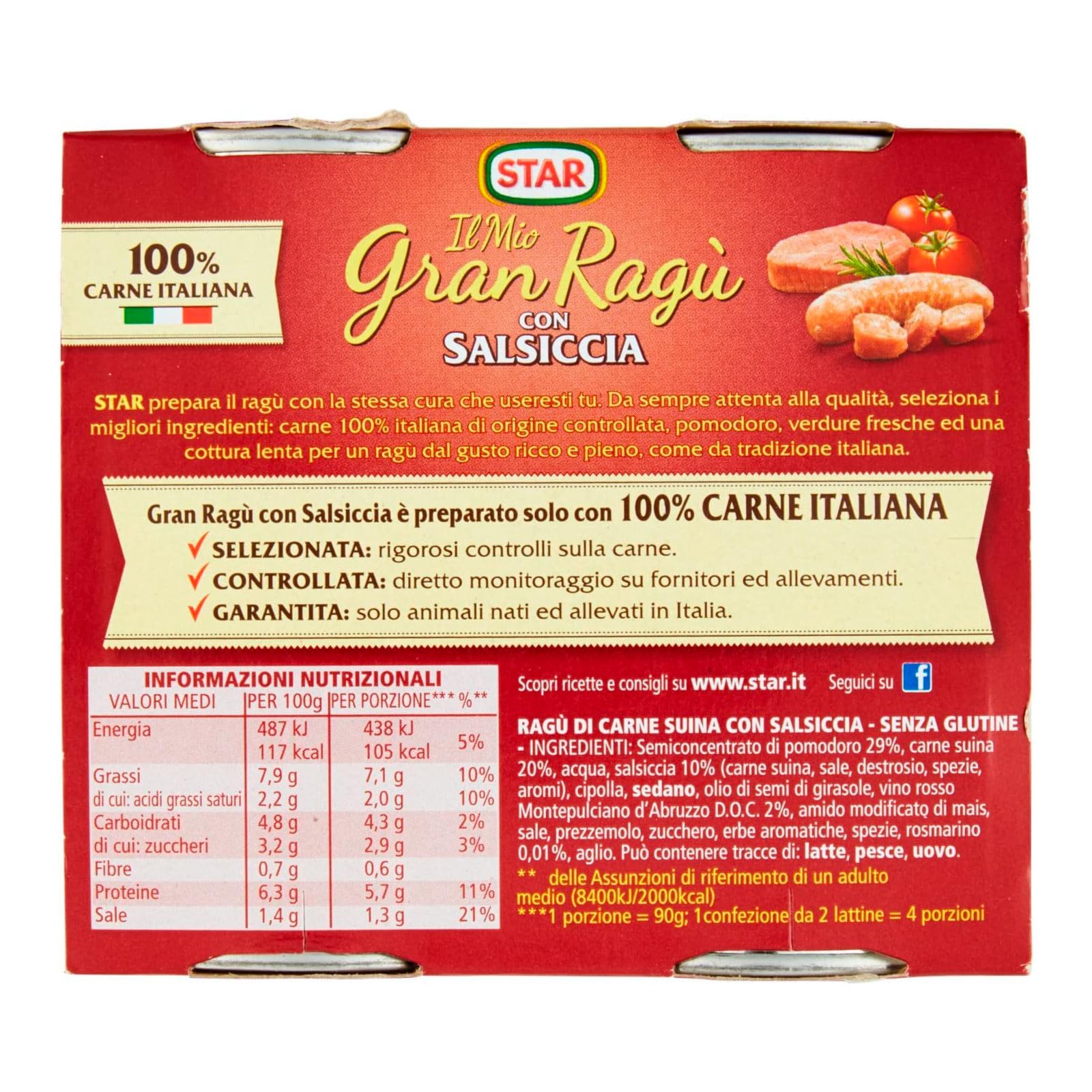 Star Il Mio Gran Ragù Star Il Mio Gran Ragù Mix Sughi Pronti Classico Extra Gusto Salsiccia Speck con Pomodoro Conserve Senza Glutine - 16 Lattine da 180g