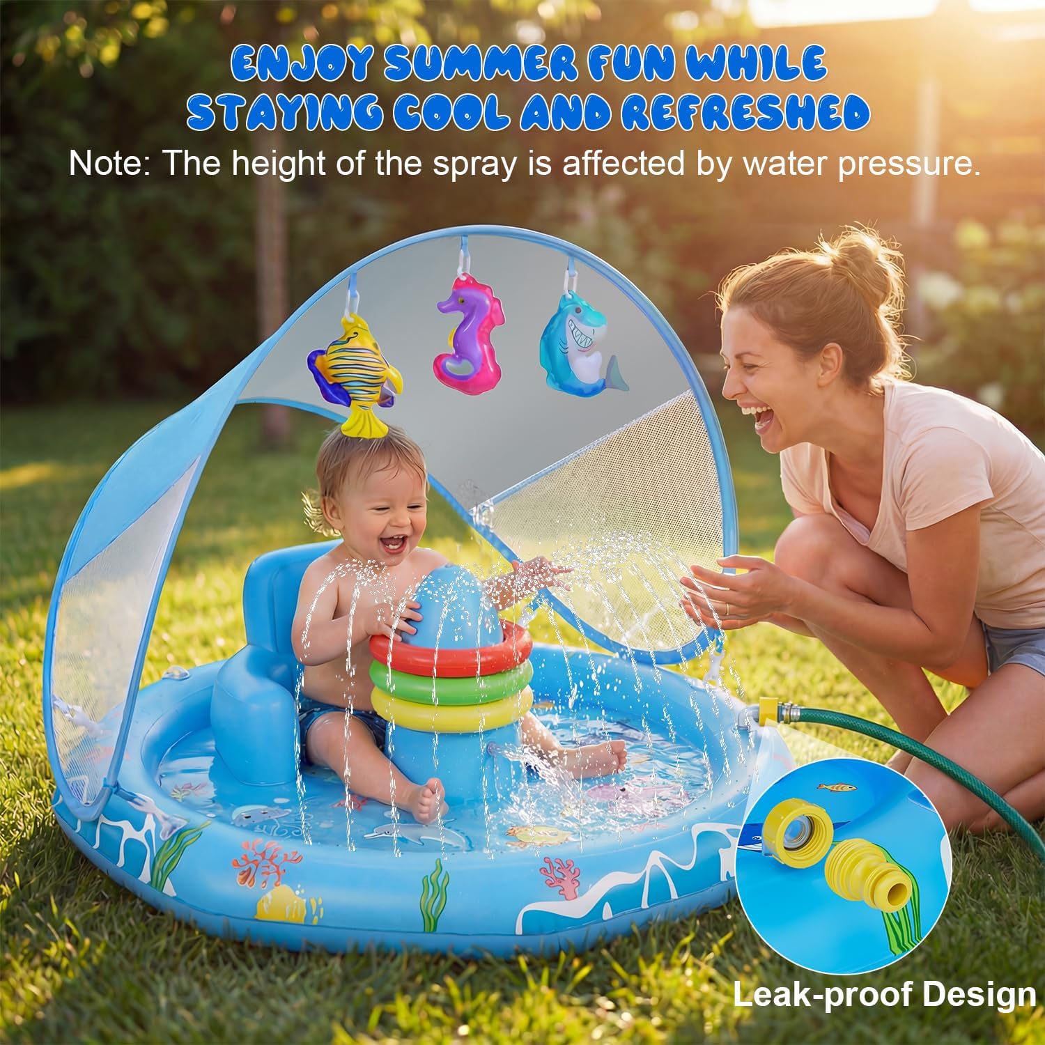 Verdenu Baby Splash Pad with Canopy, Baby Play Mat with Sprinkler, Toddler Splash Sprinkler Pad with Backrest & Stackable Rings, Summer Outdoor Water Play Toys for Boys Girls