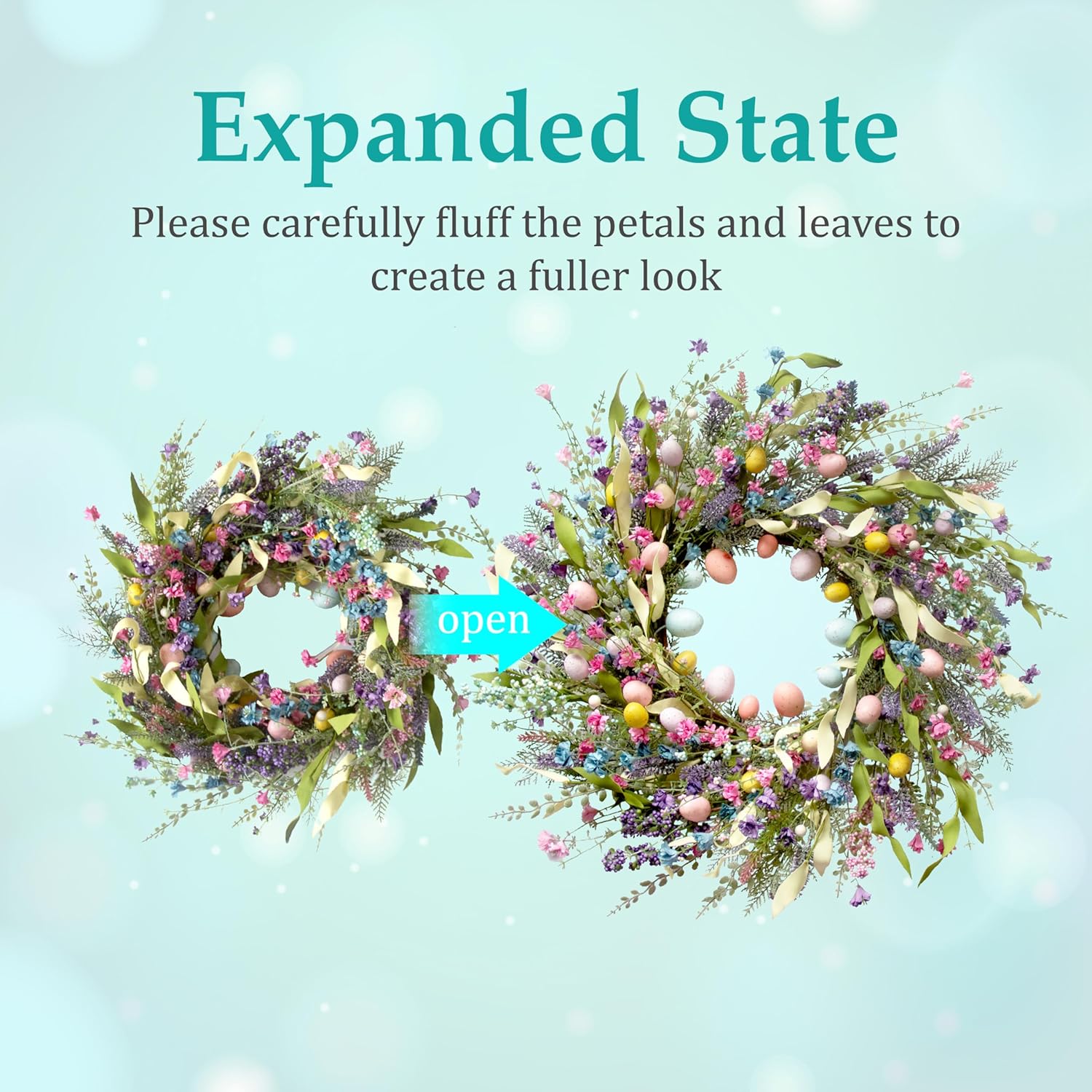 24 Inch Spring Easter Wreath with Colorful Eggs & Wildflowers – Artificial Holiday Front Door Wreath for Farmhouse, Indoor Outdoor Home Décor, Easter Egg Wreath for Spring Summer