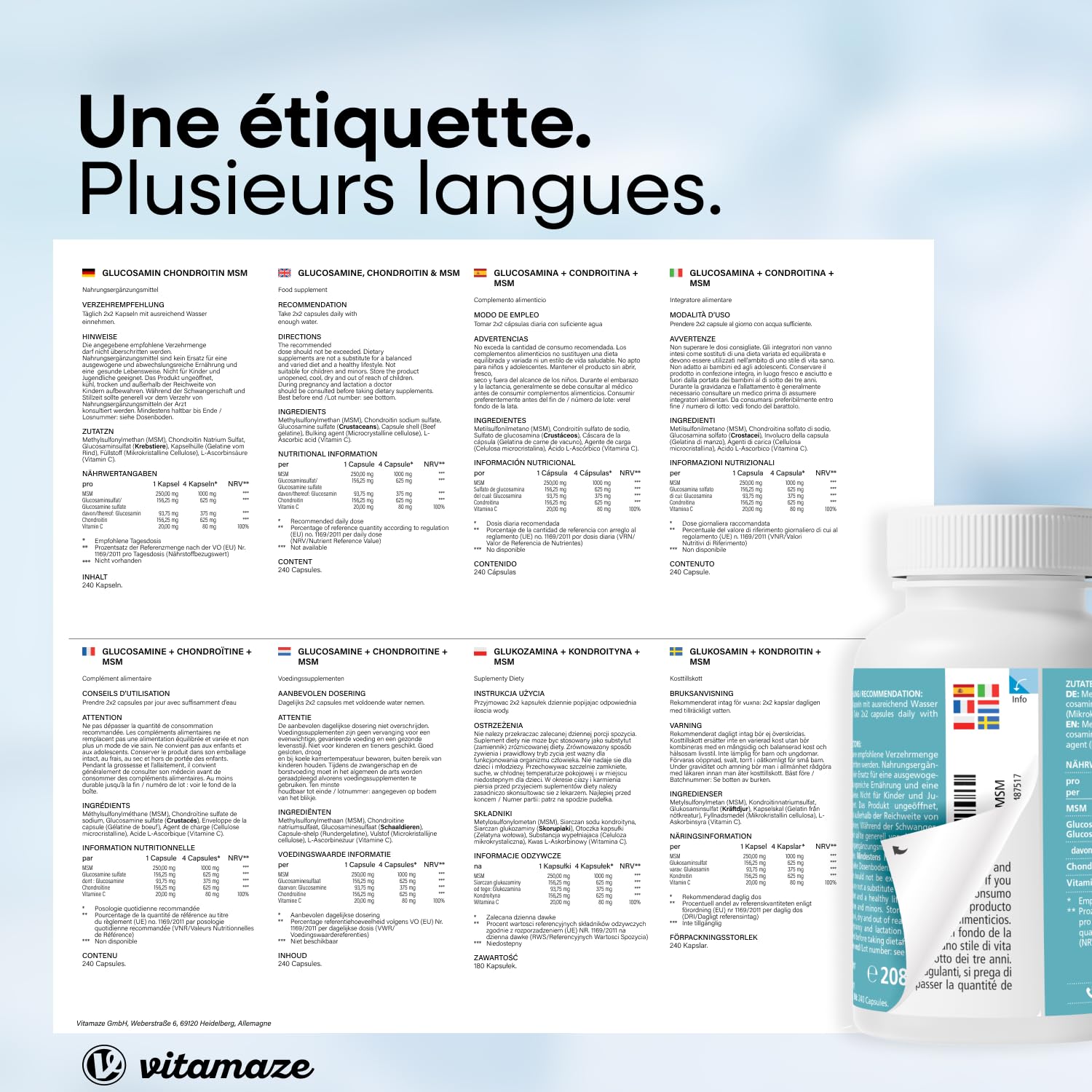 Glucosamine Chondroïtine avec MSM et Vitamine C 2250mg - Complexe pour les Articulations 240 Gelules - Complément Alimentaire Naturel sans Additifs
